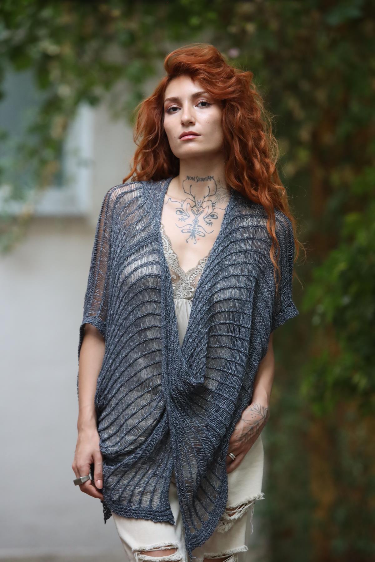 Antrasit File Triko Kelebek Bluz