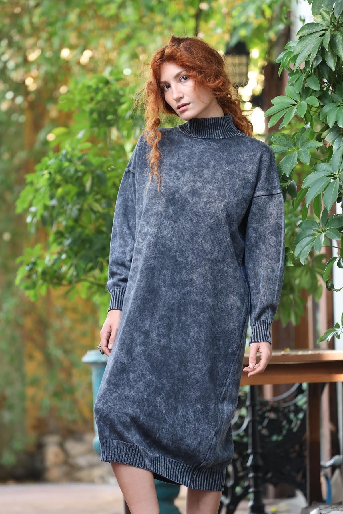 Antrasit Yarım Balıkçı Yıkamalı Oversize Triko Elbise