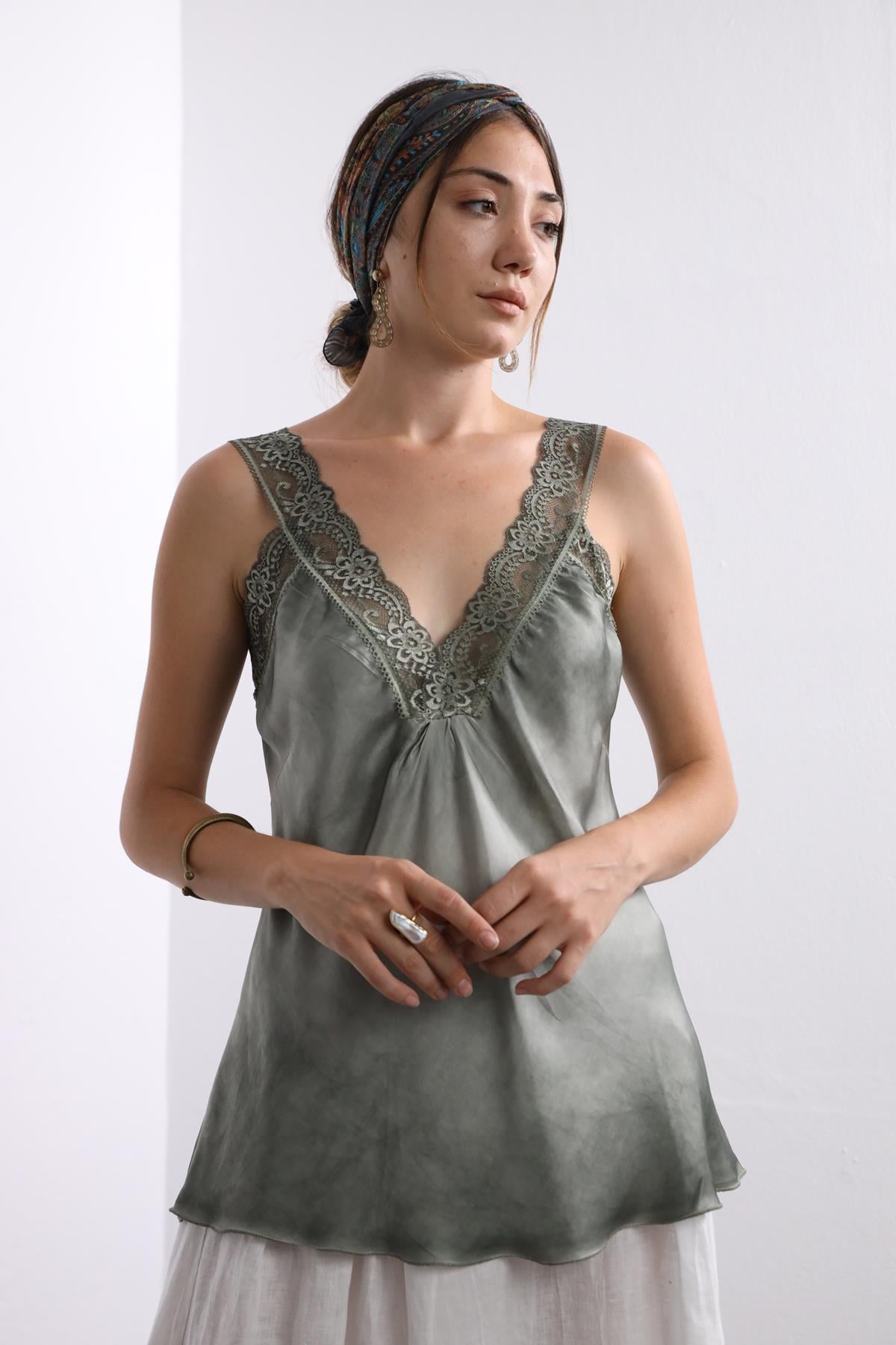 Navy Blue Floral Stitched Waist Shirt Dress - Şaman Butik Khaki Lace Embroidered Silk Tank Top