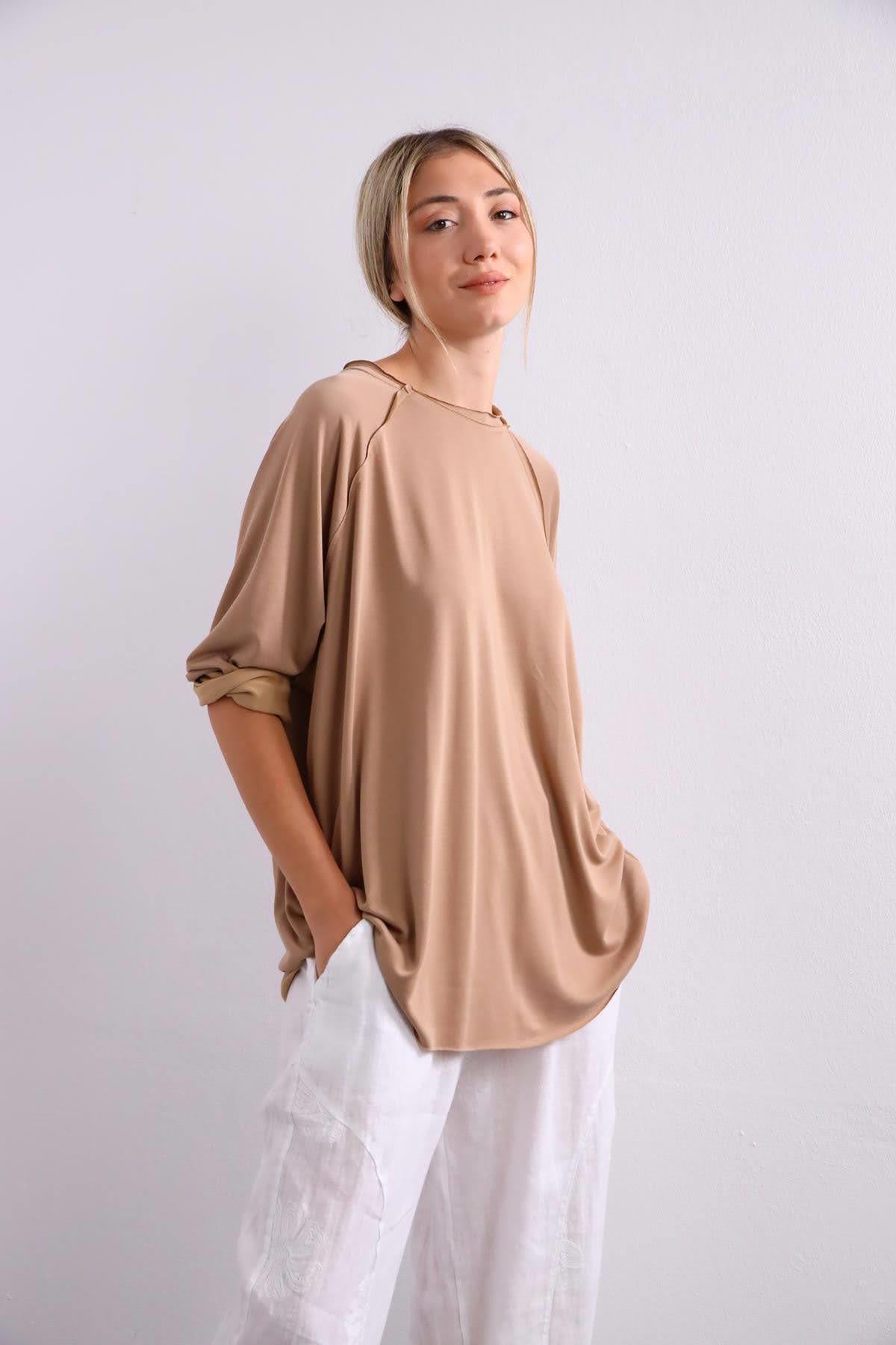 Camel Rengi Dikişli Salaş Bluz - Şaman Butik Camel Rengi Dikişli Salaş Bluz