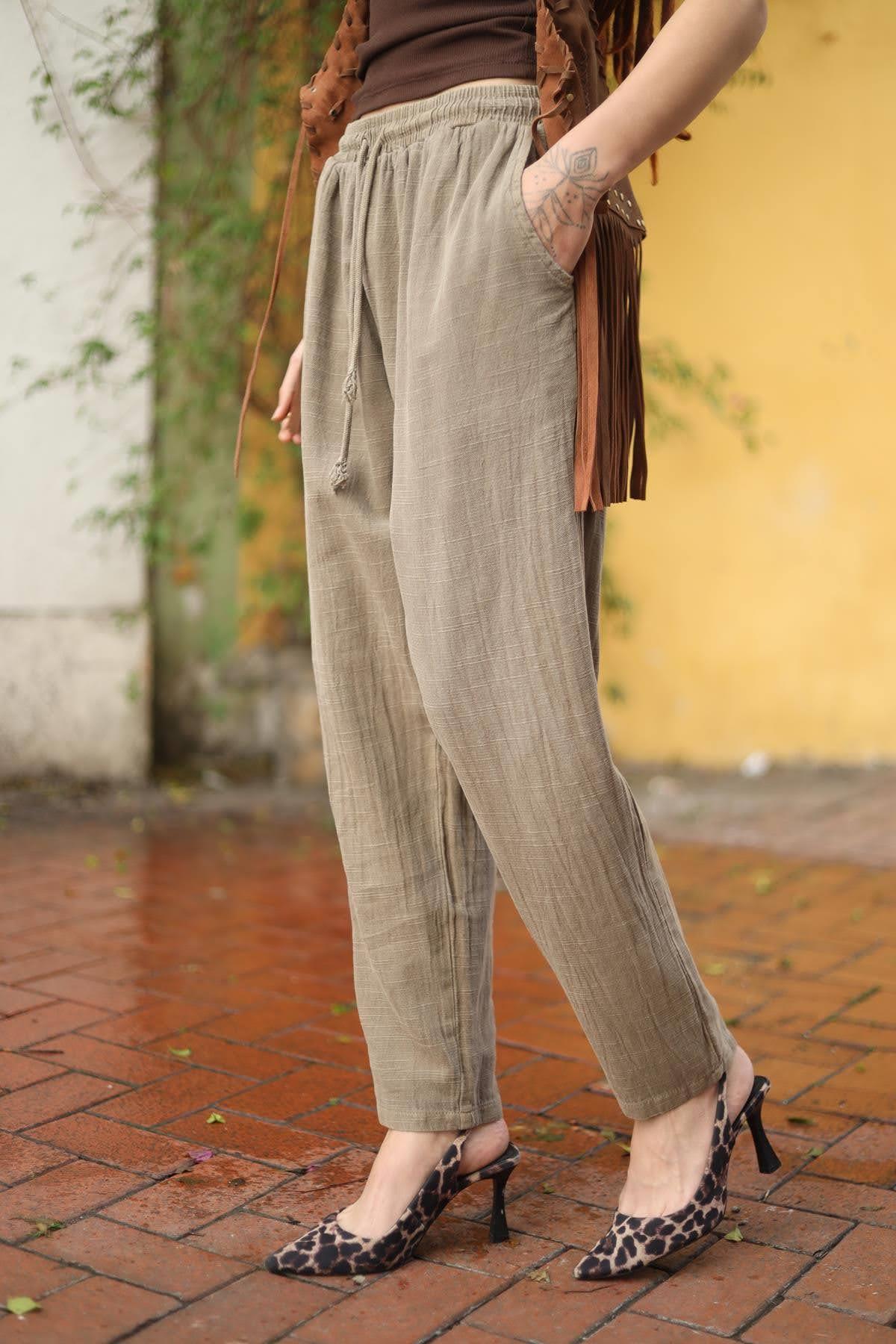 Vizon Rengi Beli Lastikli İpli Pantolon