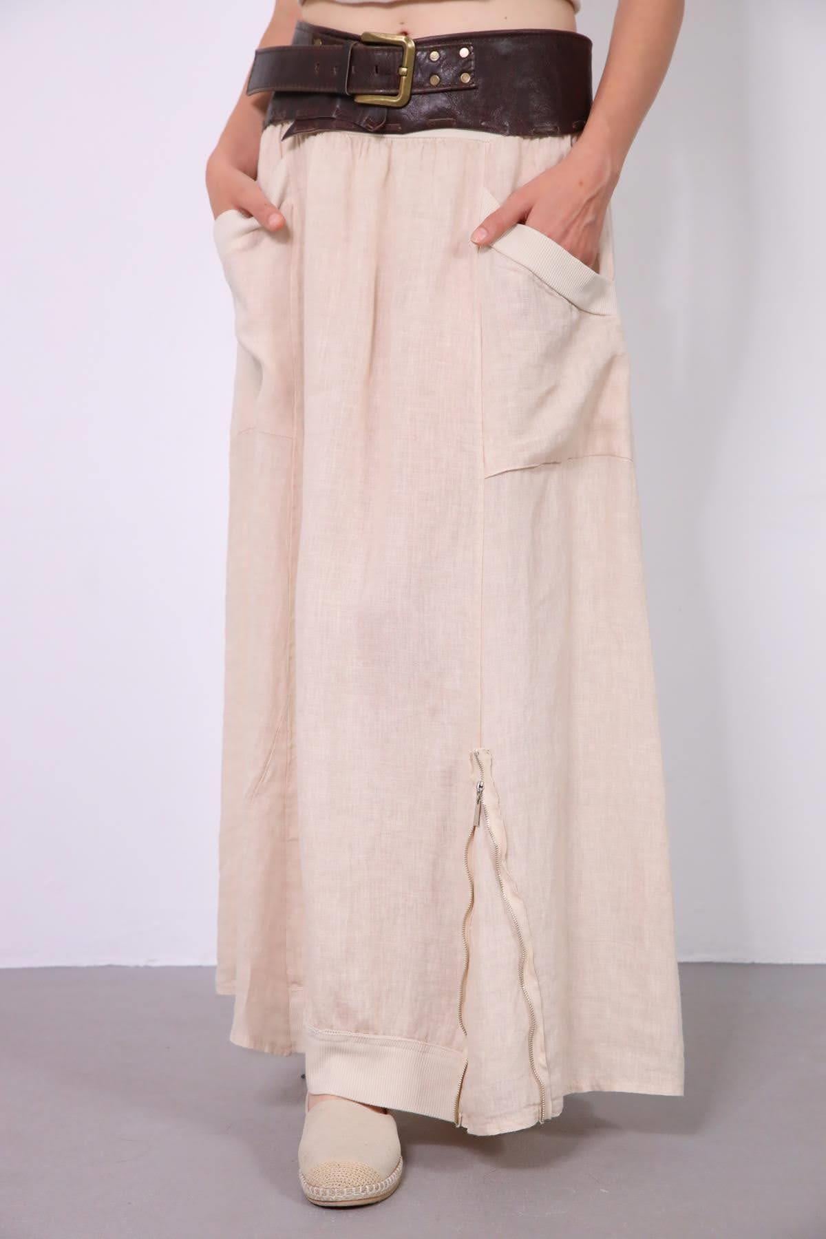 Krem Rengi Fermuar Detaylı Beli Lastikli Keten Etek - Şaman Butik Krem Rengi Fermuar Detaylı Beli Lastikli Keten Etek