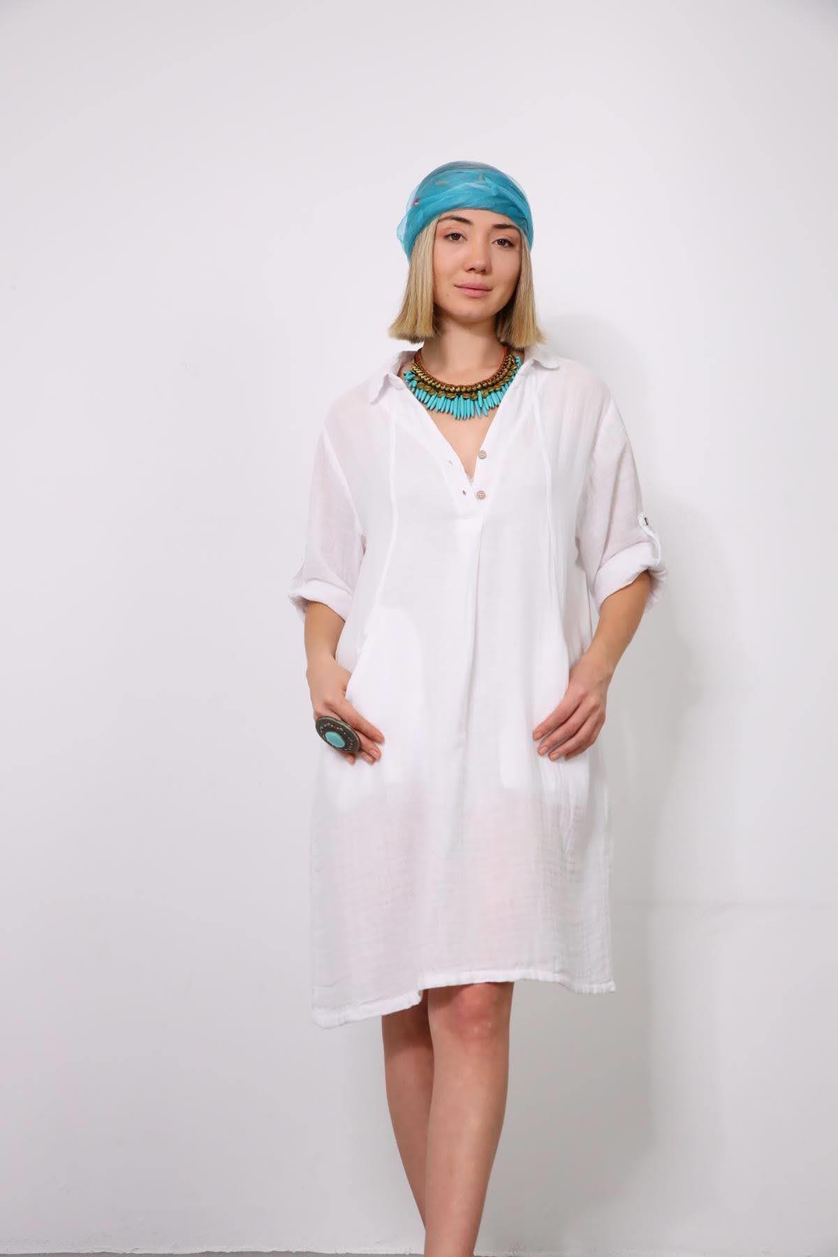 Beyaz Kolları Apoletli Gömlek Yaka Müslin Elbise - Şaman Butik Beyaz Kolları Apoletli Gömlek Yaka Müslin Elbise