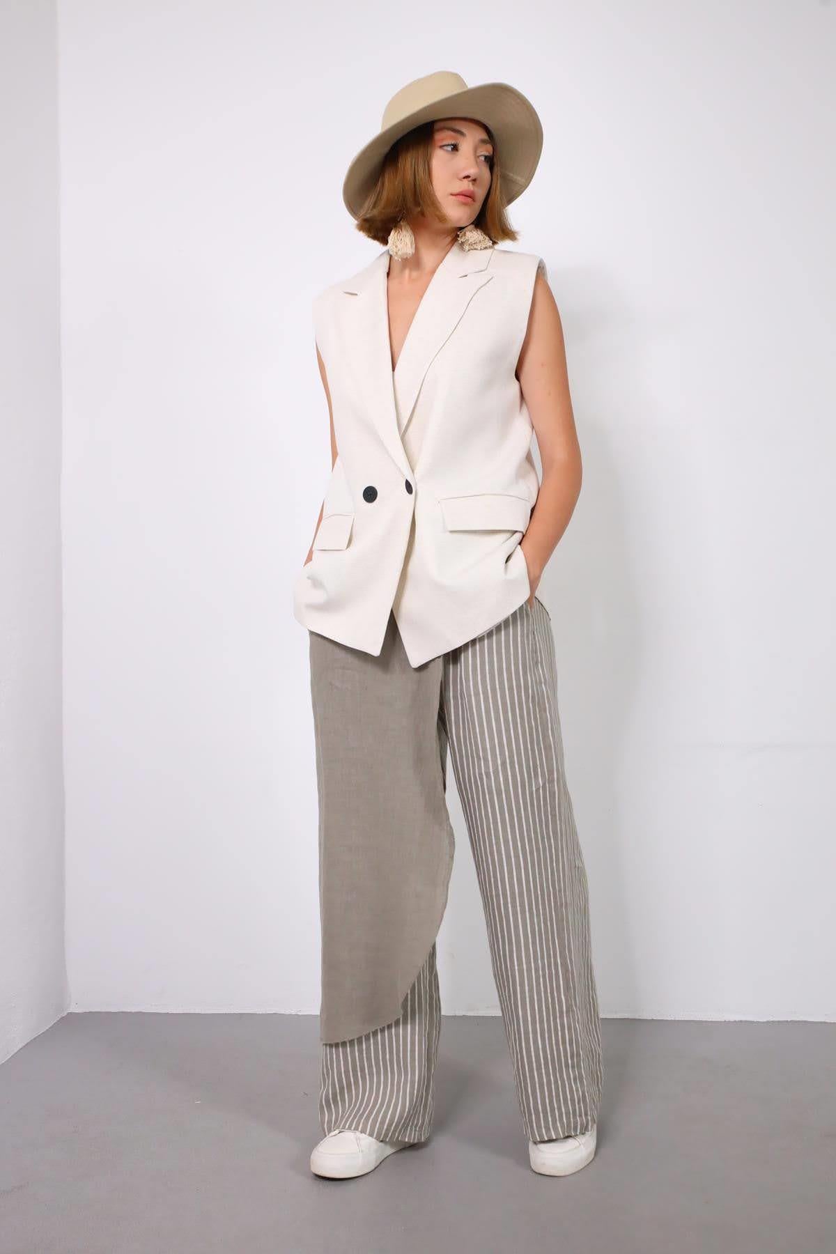 Vizon Rengi Parça Detaylı Çizgili Keten Pantolon - Şaman Butik Vizon Rengi Parça Detaylı Çizgili Keten Pantolon