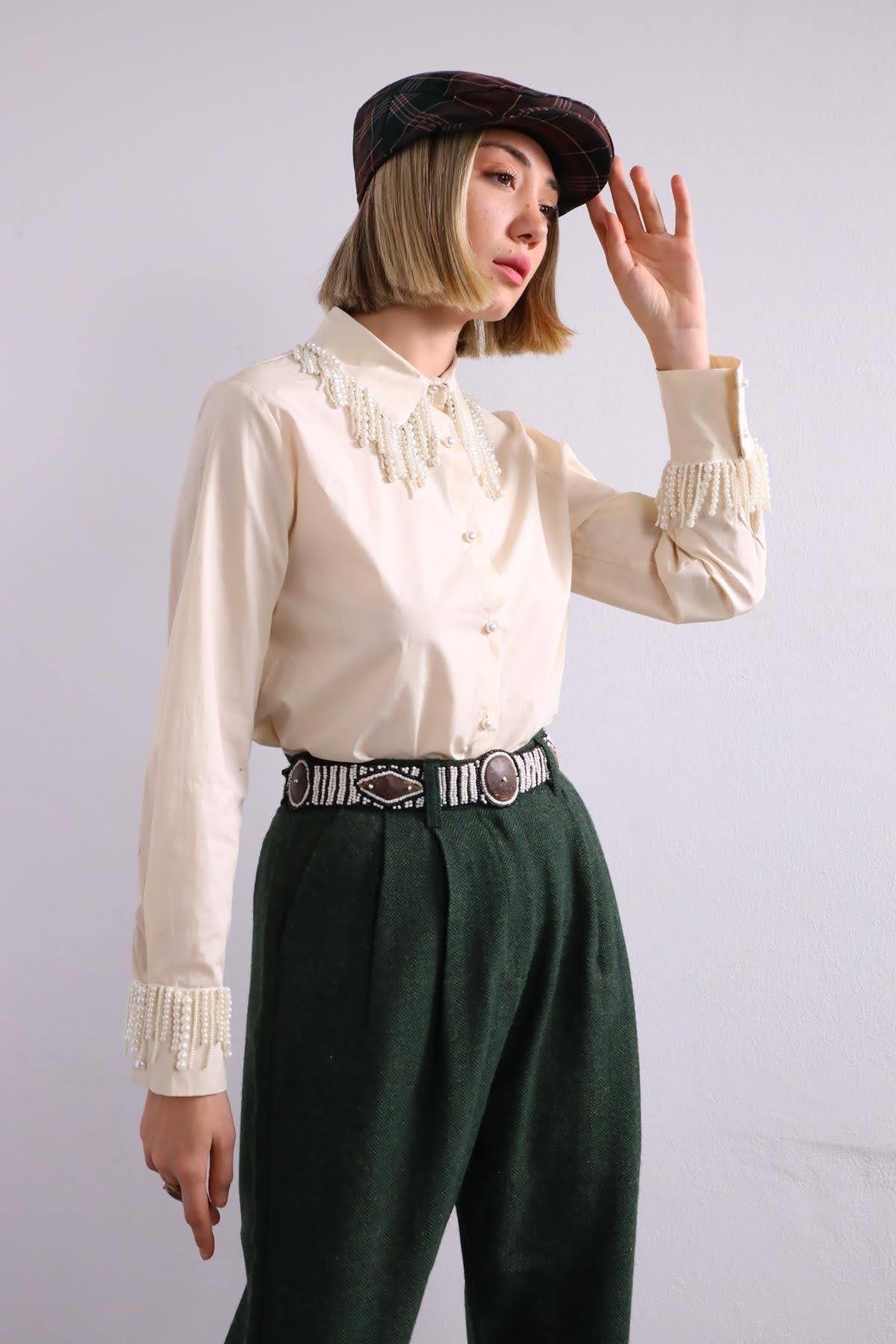 Krem Rengi İnci Püsküllü Gömlek - Şaman Butik Krem Rengi İnci Püsküllü Gömlek