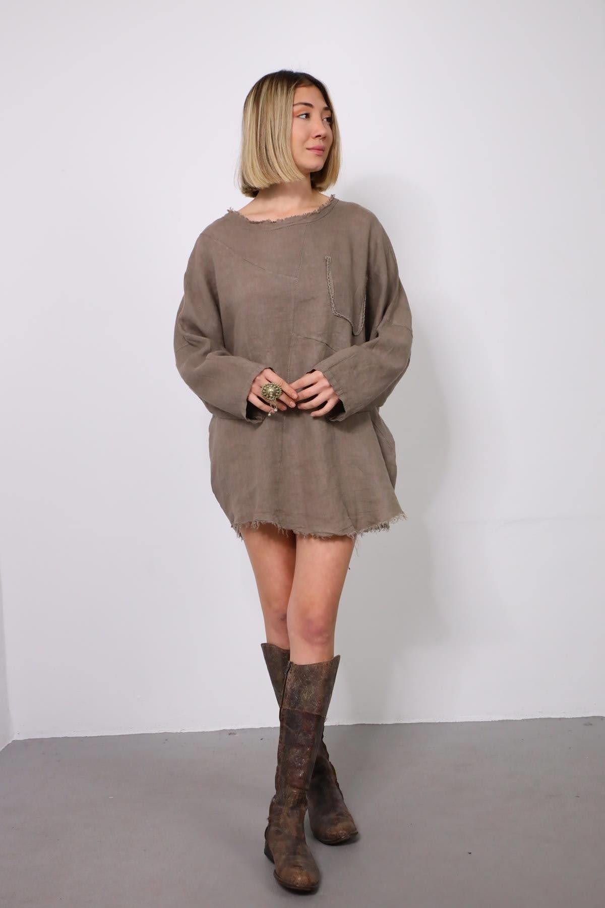 Vizon Rengi Dikiş Detaylı Keten Bluz - Şaman Butik Vizon Rengi Dikiş Detaylı Keten Bluz