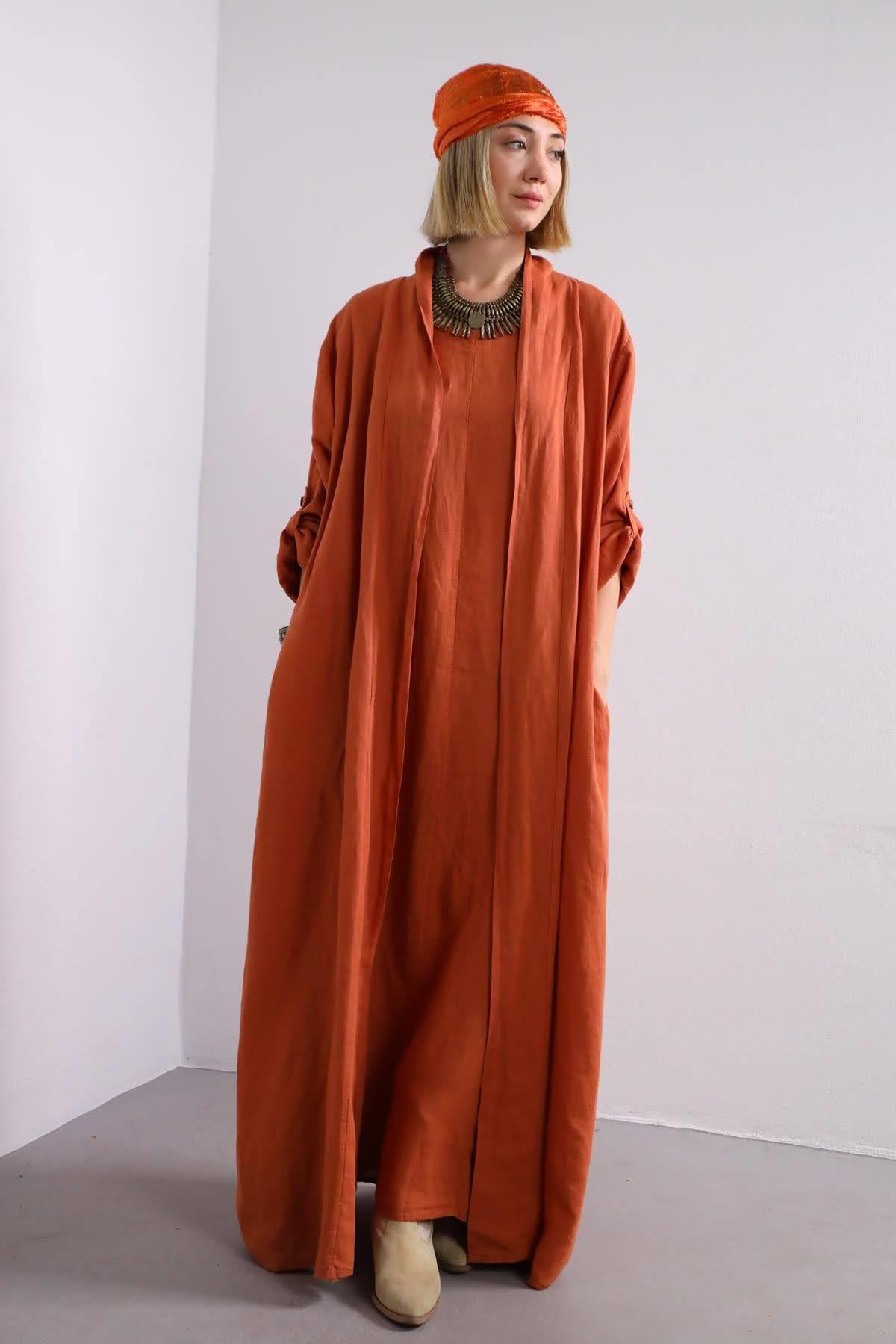 Kiremit Rengi Kolu Apoletli Kaftan - Şaman Butik Kiremit Rengi Kolu Apoletli Kaftan