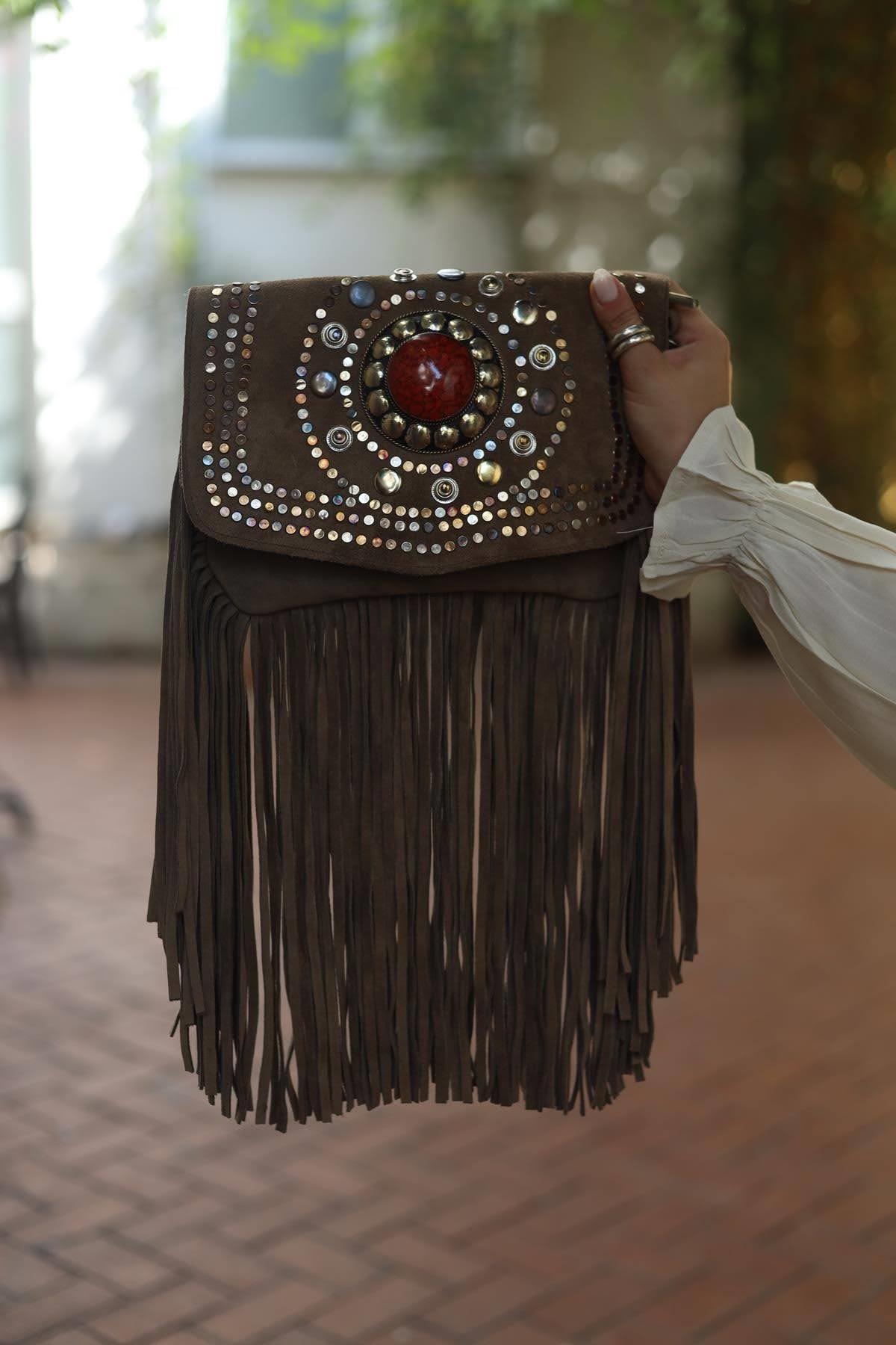 Mink Color Design Studded Suede Leather Bag