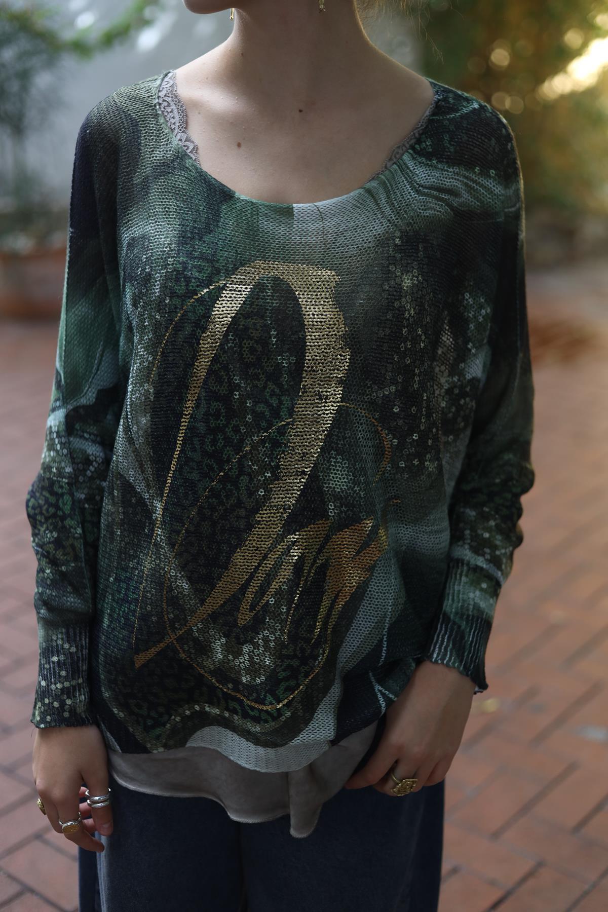 Haki Desenli File Triko Bluz