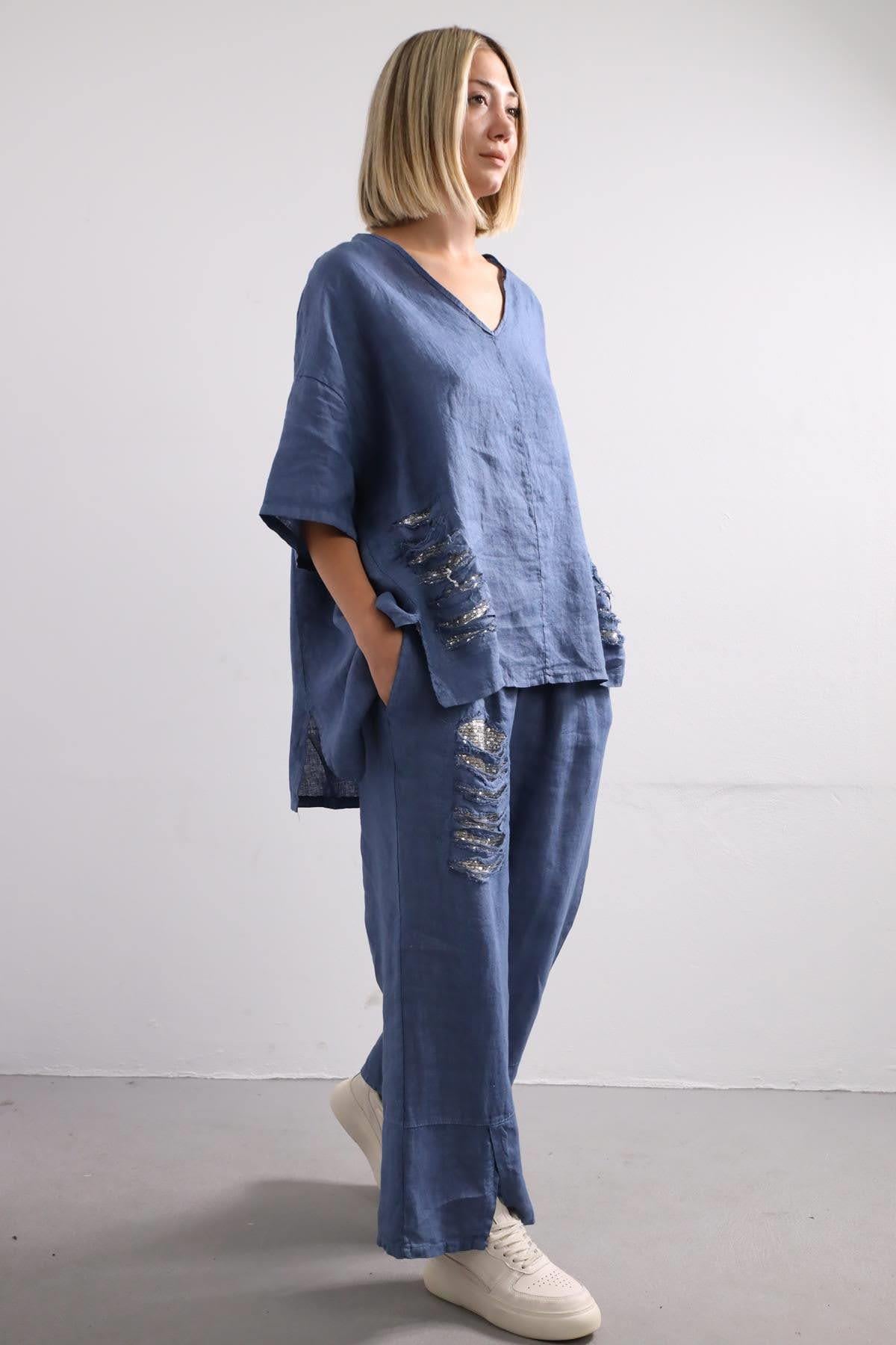 İndigo Mavi Pullu V Yaka Keten Takım - Şaman Butik İndigo Mavi Pullu V Yaka Keten Takım