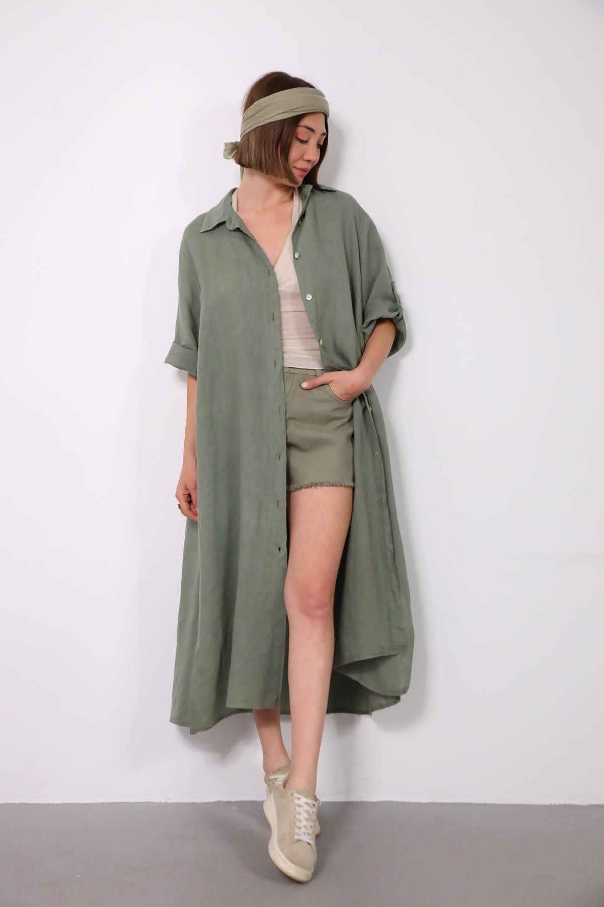 Haki Kısa Kollu Keten Gömlek Elbise - Şaman Butik Haki Kısa Kollu Keten Gömlek Elbise