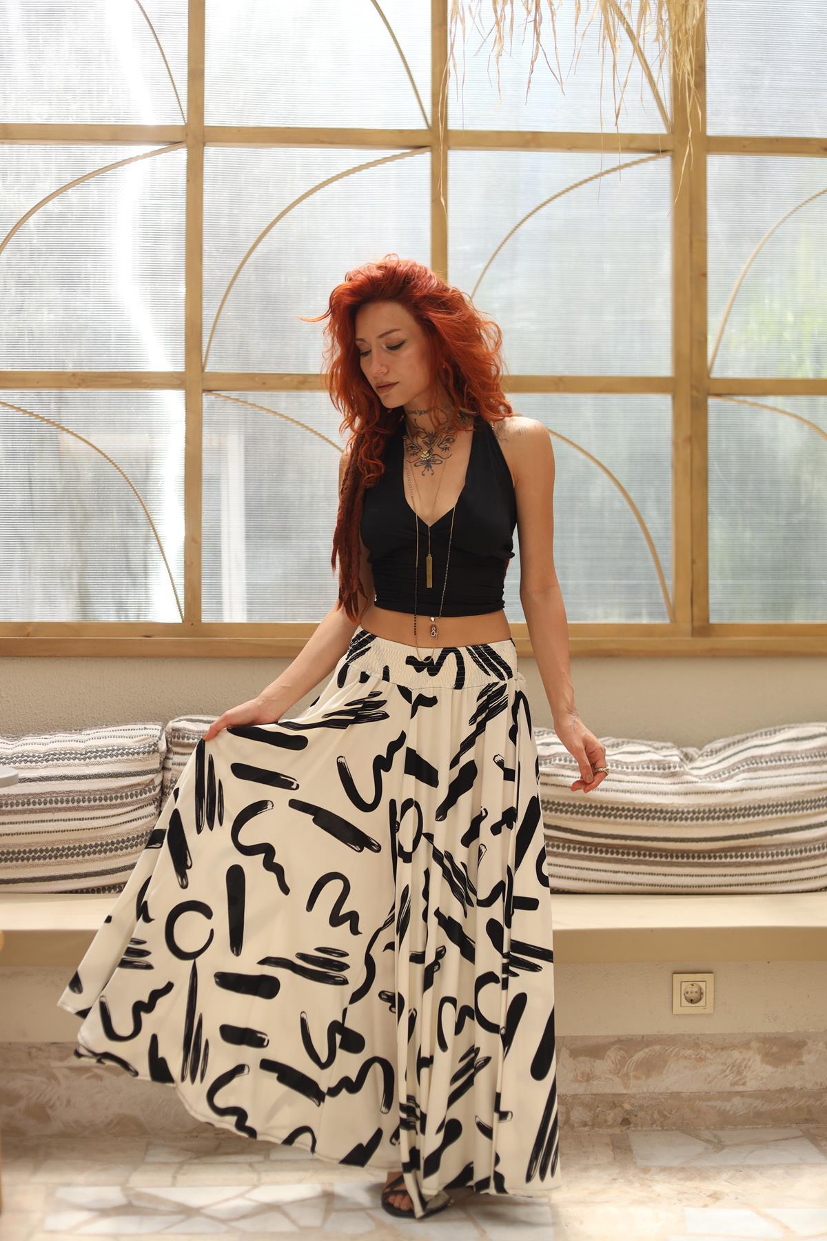 Krem Rengi Desenli Beli Gipeli Bol Paça Salaş Pantolon