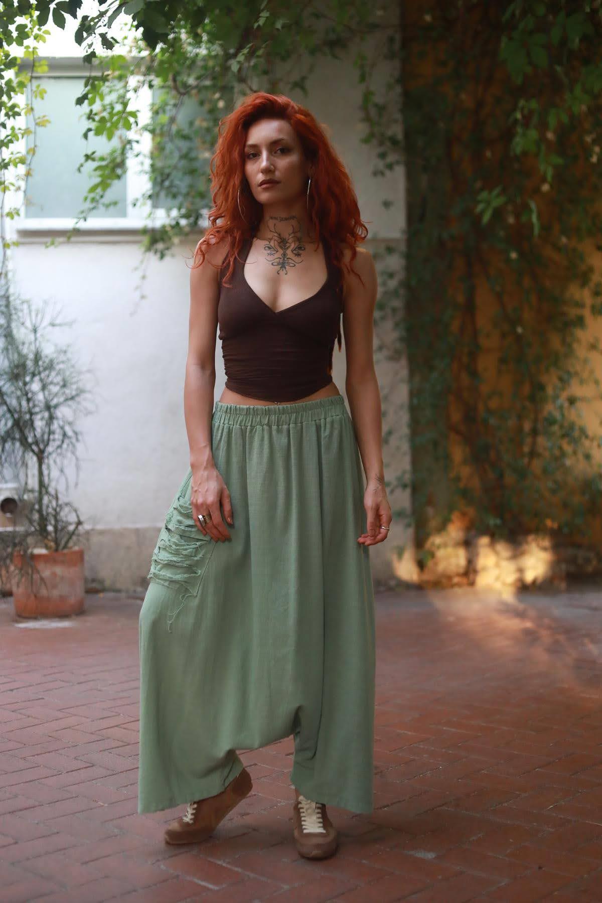 Mint Green Pocket Detailed Linen Harem Pants