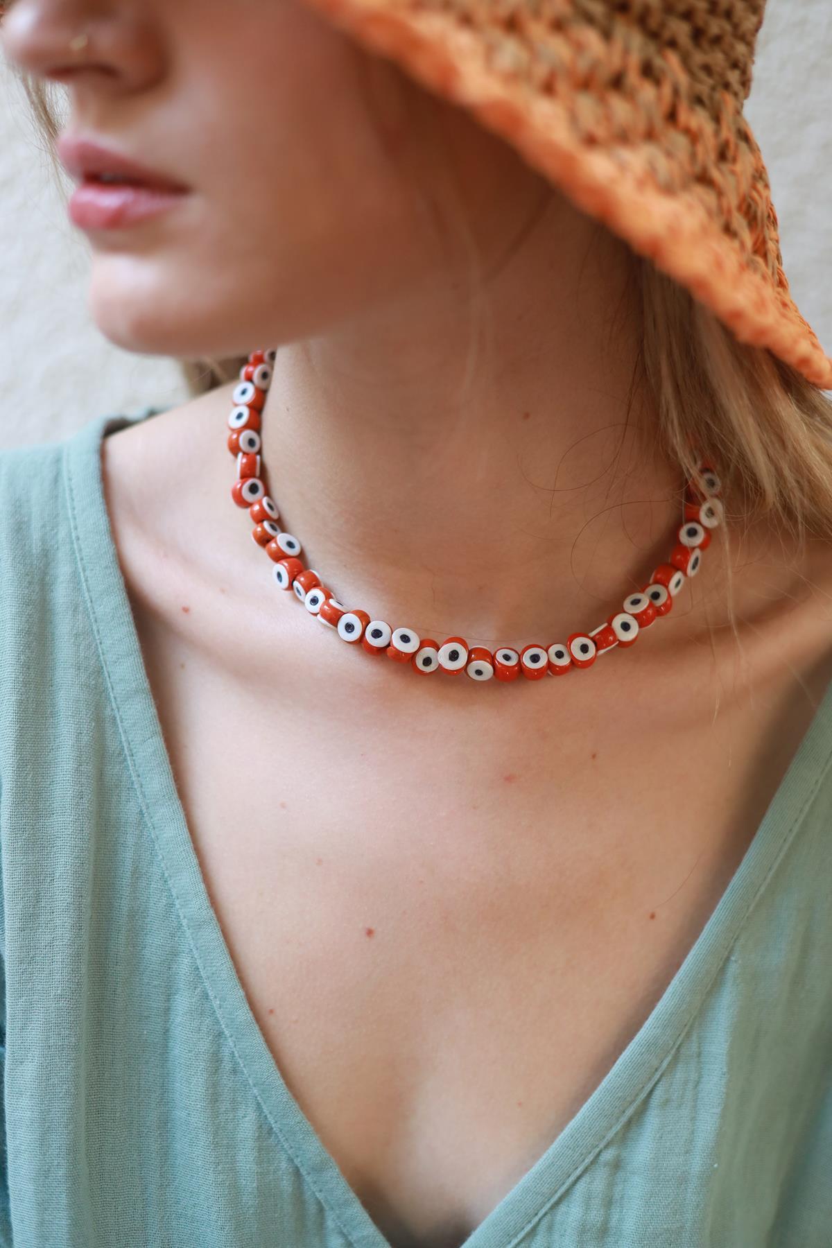 Brick Red Evil Eye Design Necklace