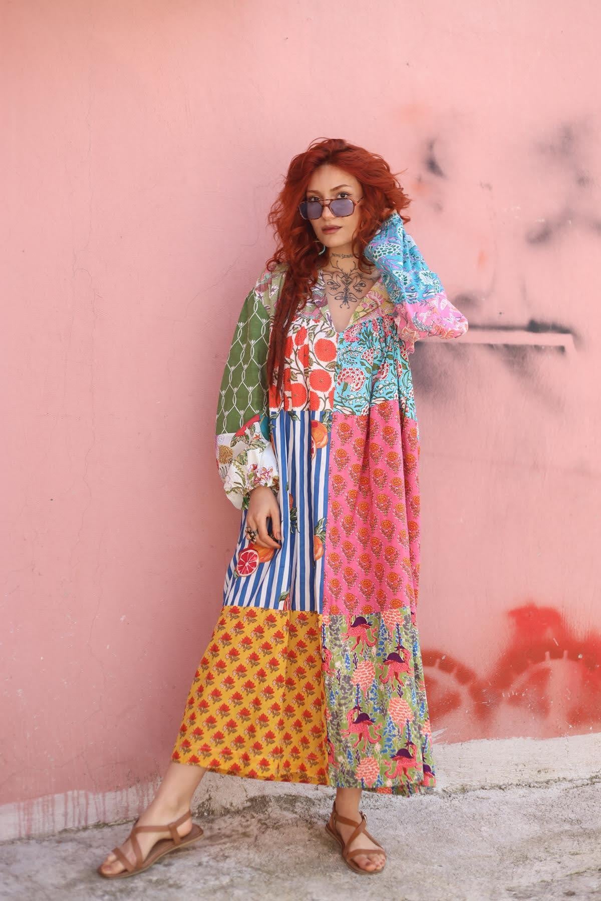 Renkli Yakalı Salaş Patchwork Elbise