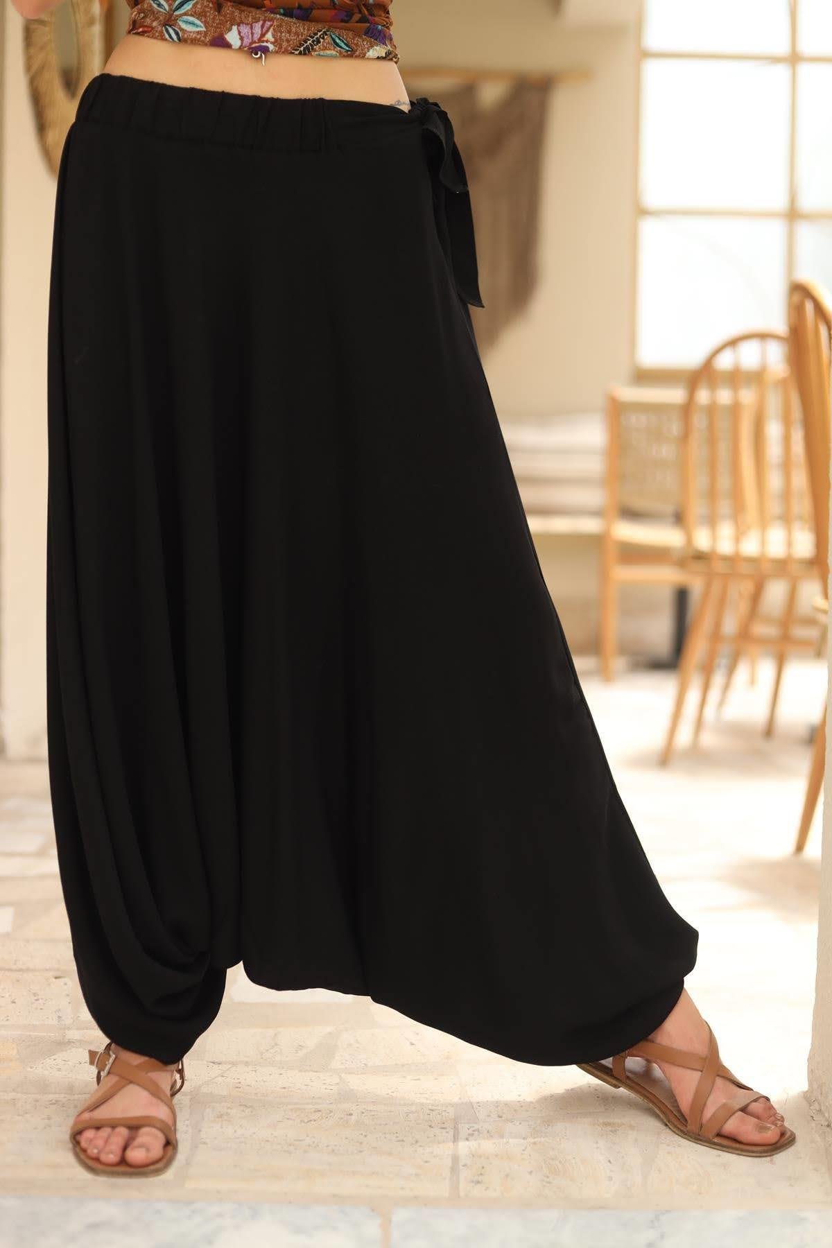 Black Elastic Waist Tied Harem Pants