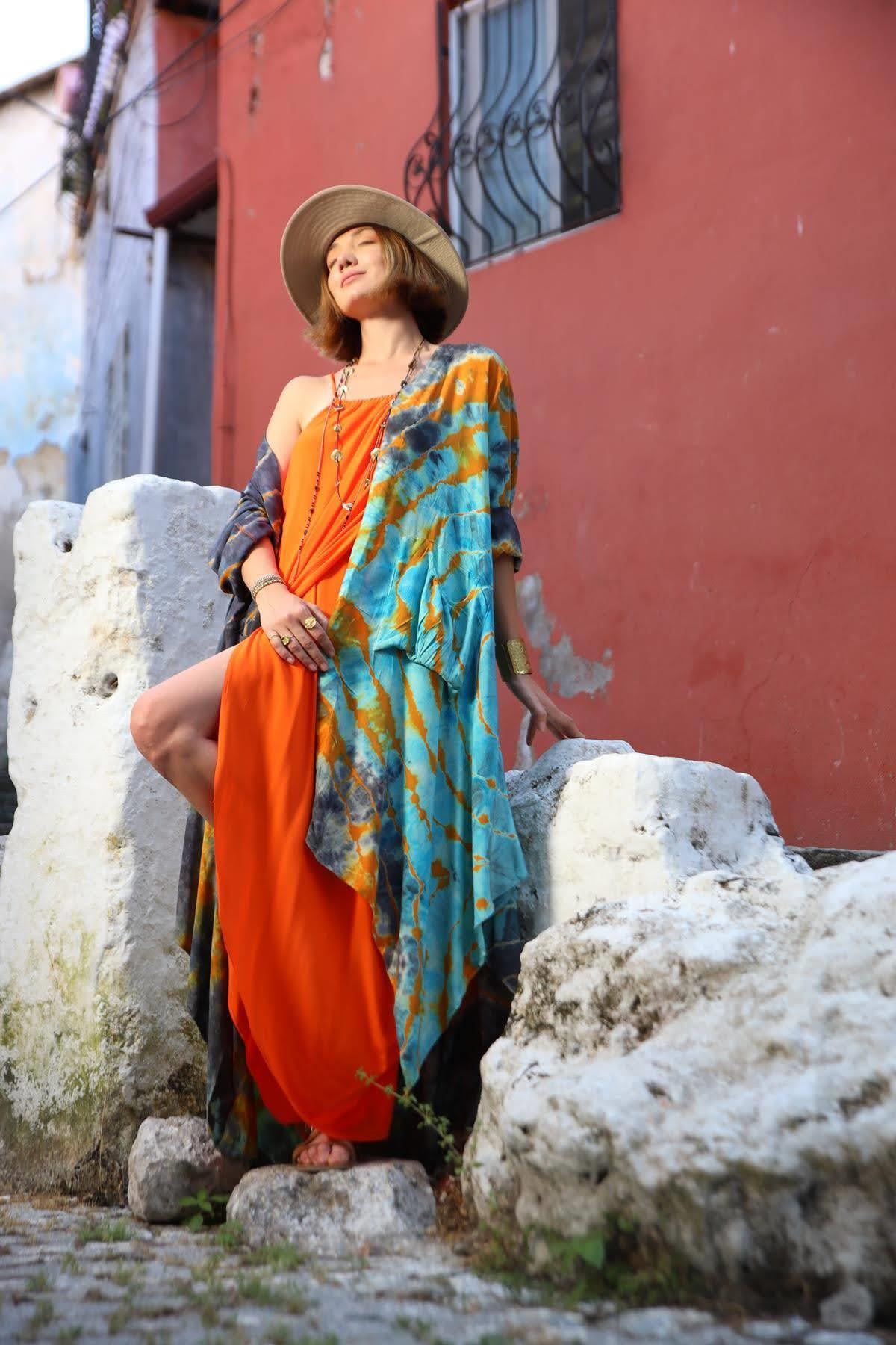  Turuncu Batikli Cepli Kaftan