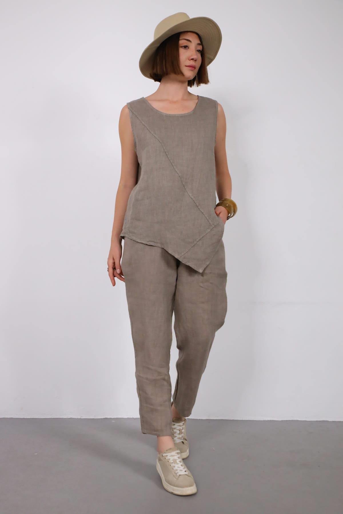  Vizon Rengi Dikişli Sıfır Kol Bluz ve Pantolon Keten Takım