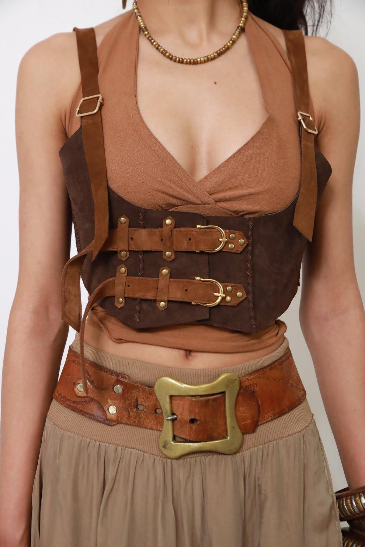 Kahverengi Süet Kemerli Deri Korse