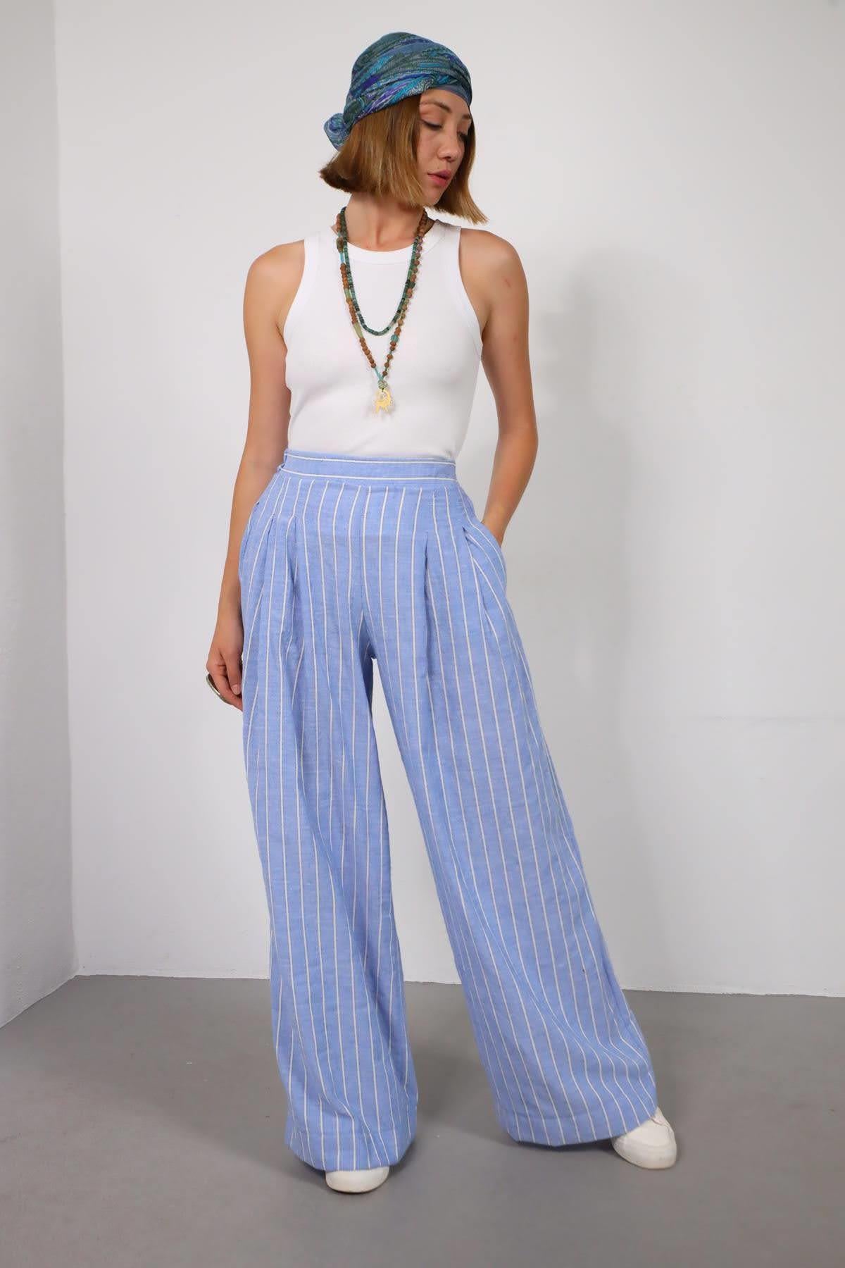 Mavi Çizgili Beli Lastikli Pileli Salaş Pantolon - Şaman Butik Mavi Çizgili Beli Lastikli Pileli Salaş Pantolon