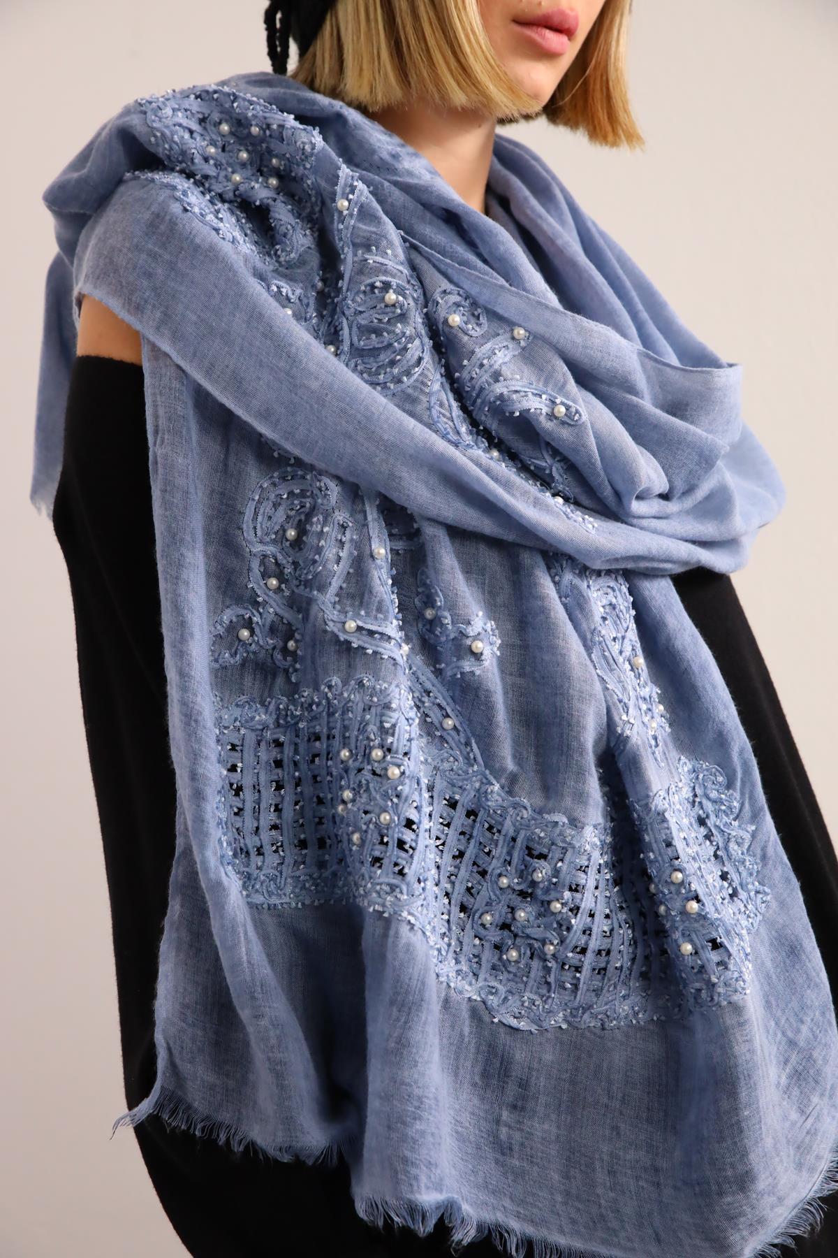 İndigo Mavisi File Detay İnci İşlemeli Şal - Şaman Butik İndigo Mavisi File Detay İnci İşlemeli Şal