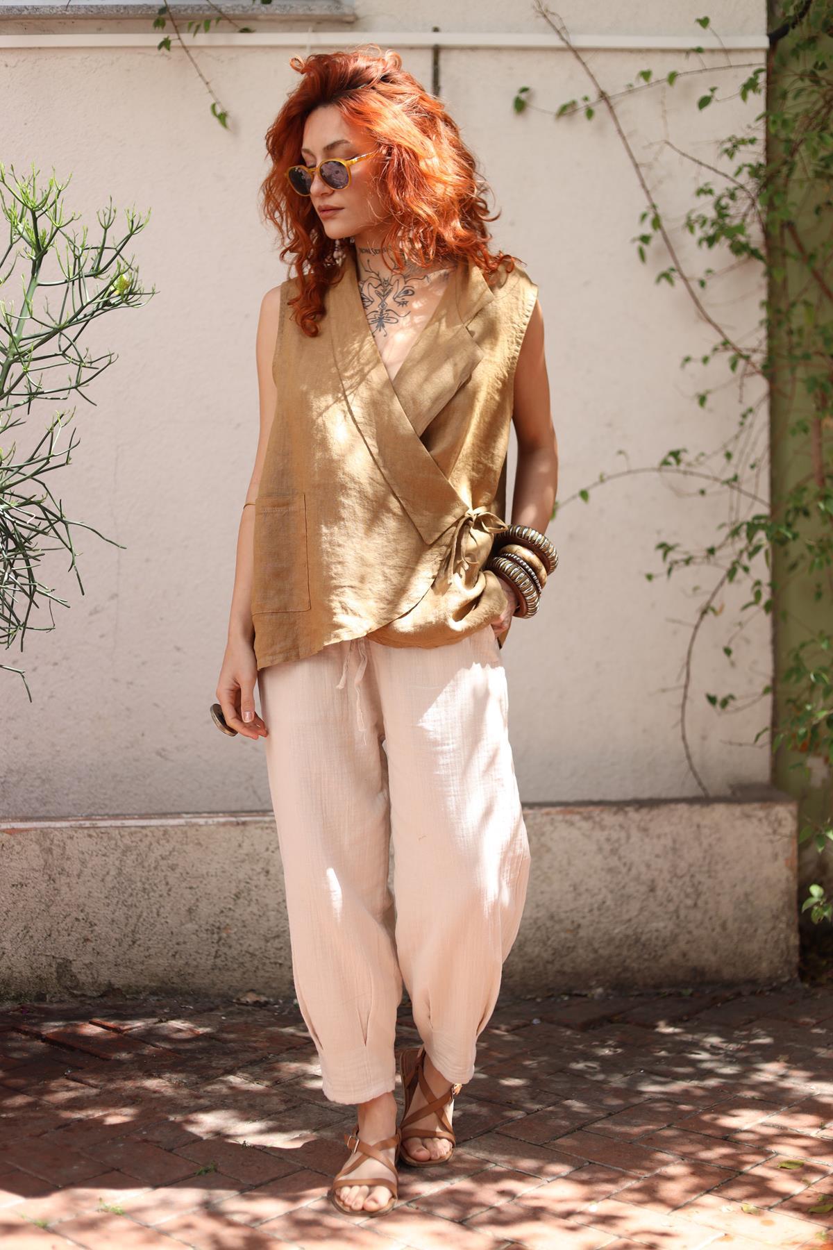 Sütlü Kahve Sıfır Kol Kruvaze Keten Bluz