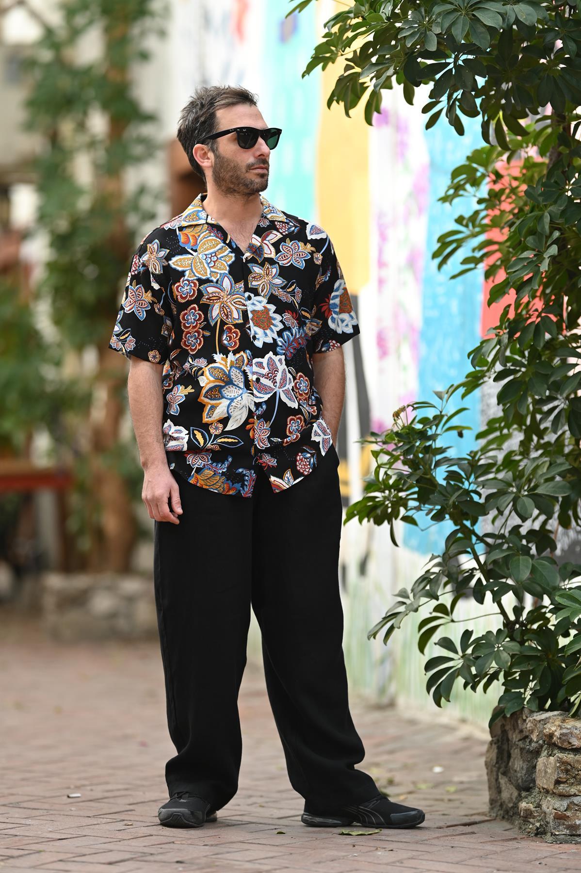 Black Patterned Short Sleeve Men's Shirt