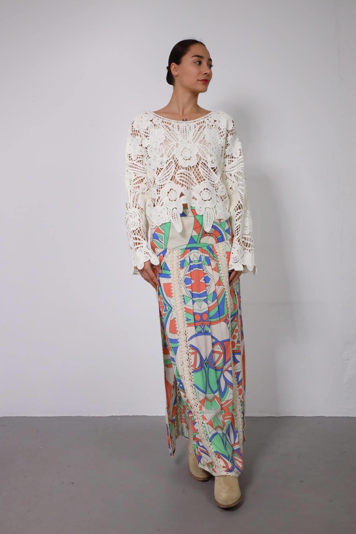 Beige Colorful Patterned Stitch Detailed Skirt - Şaman Butik | Shop Online Beige Colorful Patterned Stitch Detailed Skirt