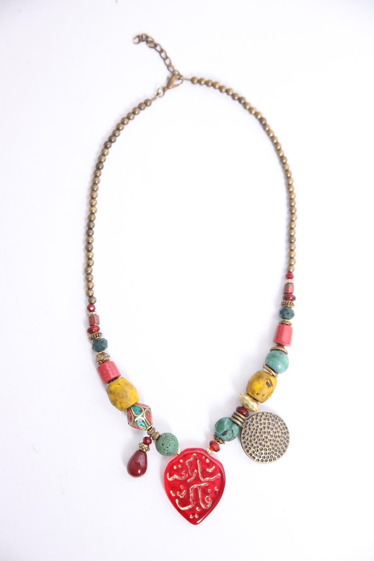 Renkli Taş Detaylı Bronz Kolye