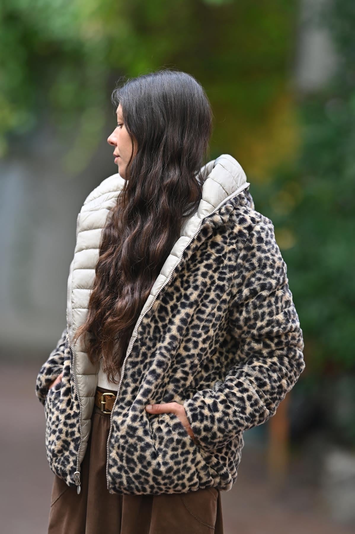 Vizon Rengi Leopar Kürklü Çift Taraflı Kapitone Mont