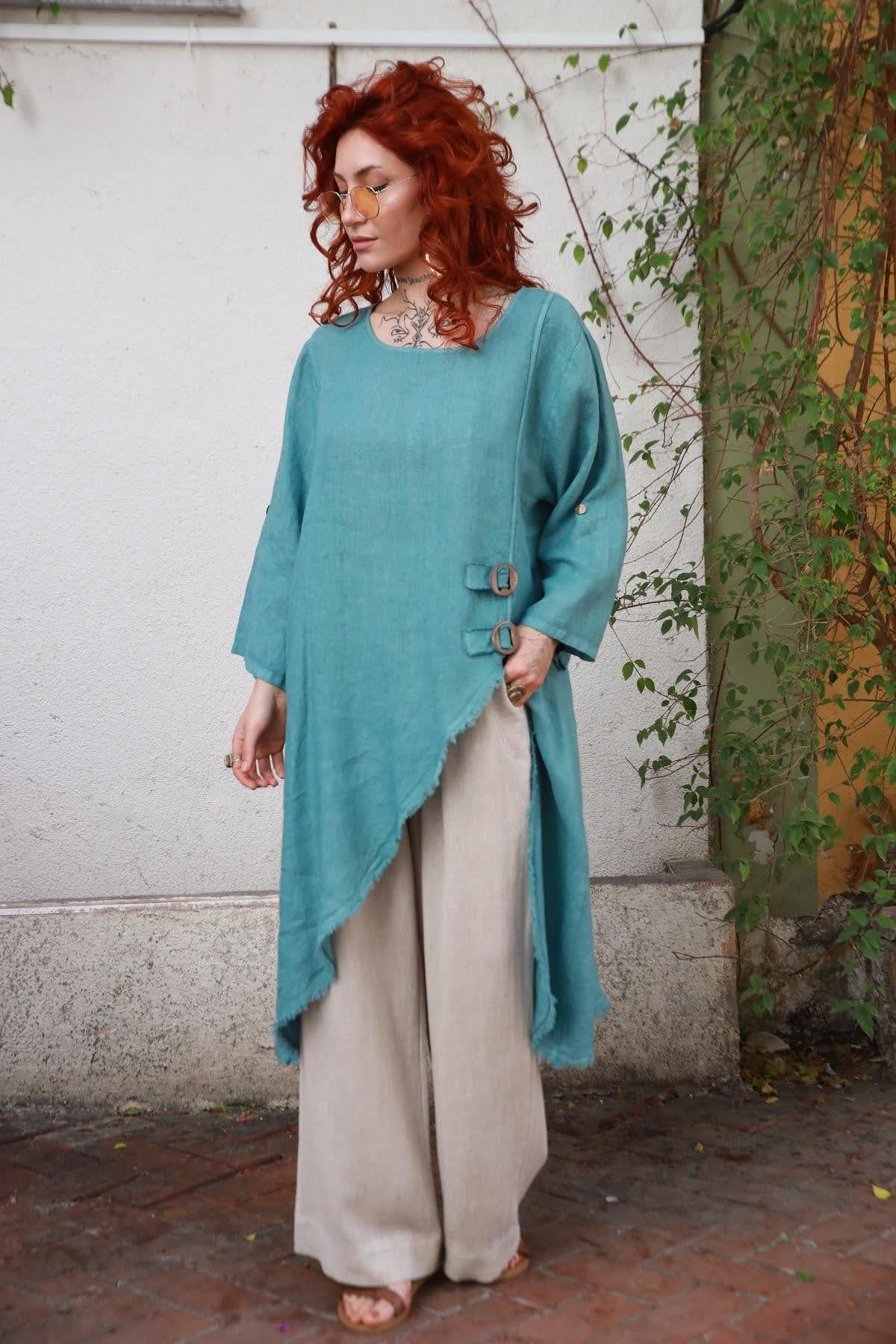 Mint Yeşili Püsküllü Asimetrik Kesim Tokalı Keten Tunik