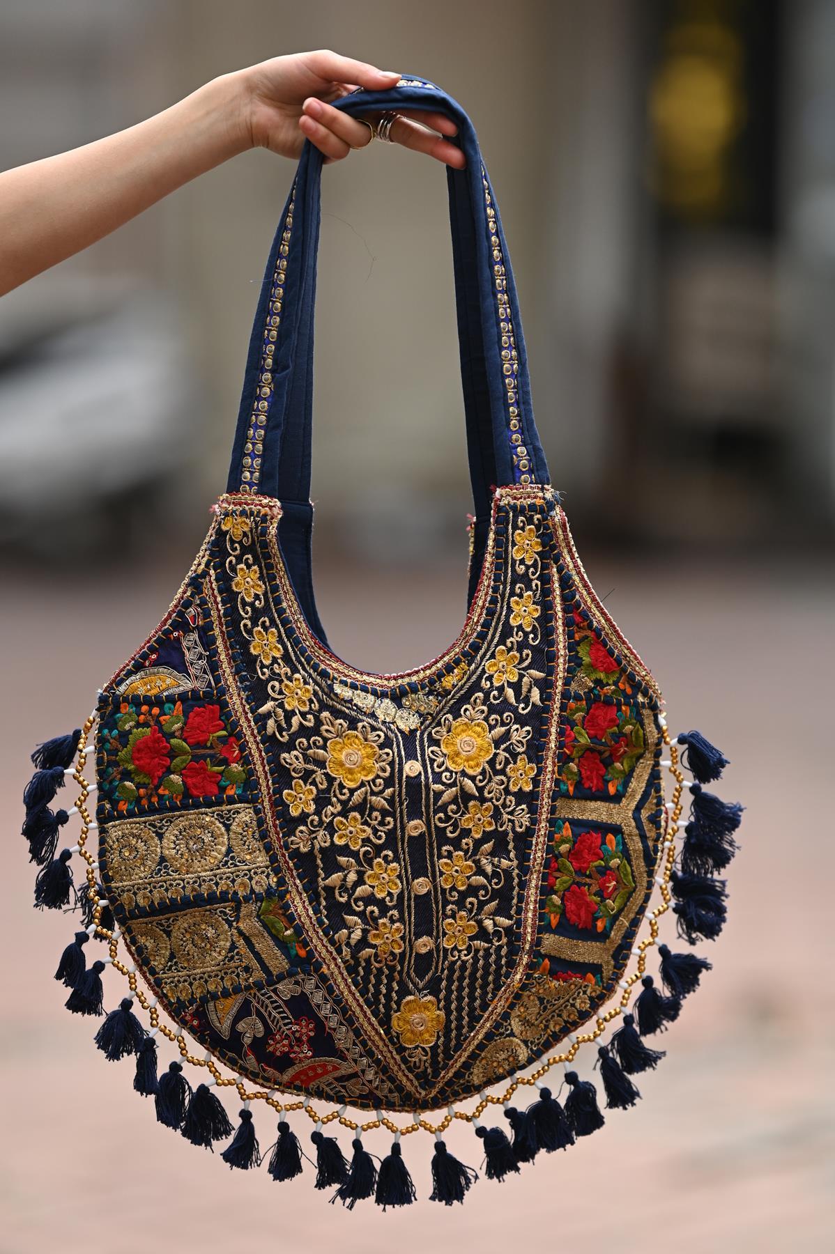 Navy Blue Authentic Embroidered Large Tassel Bag