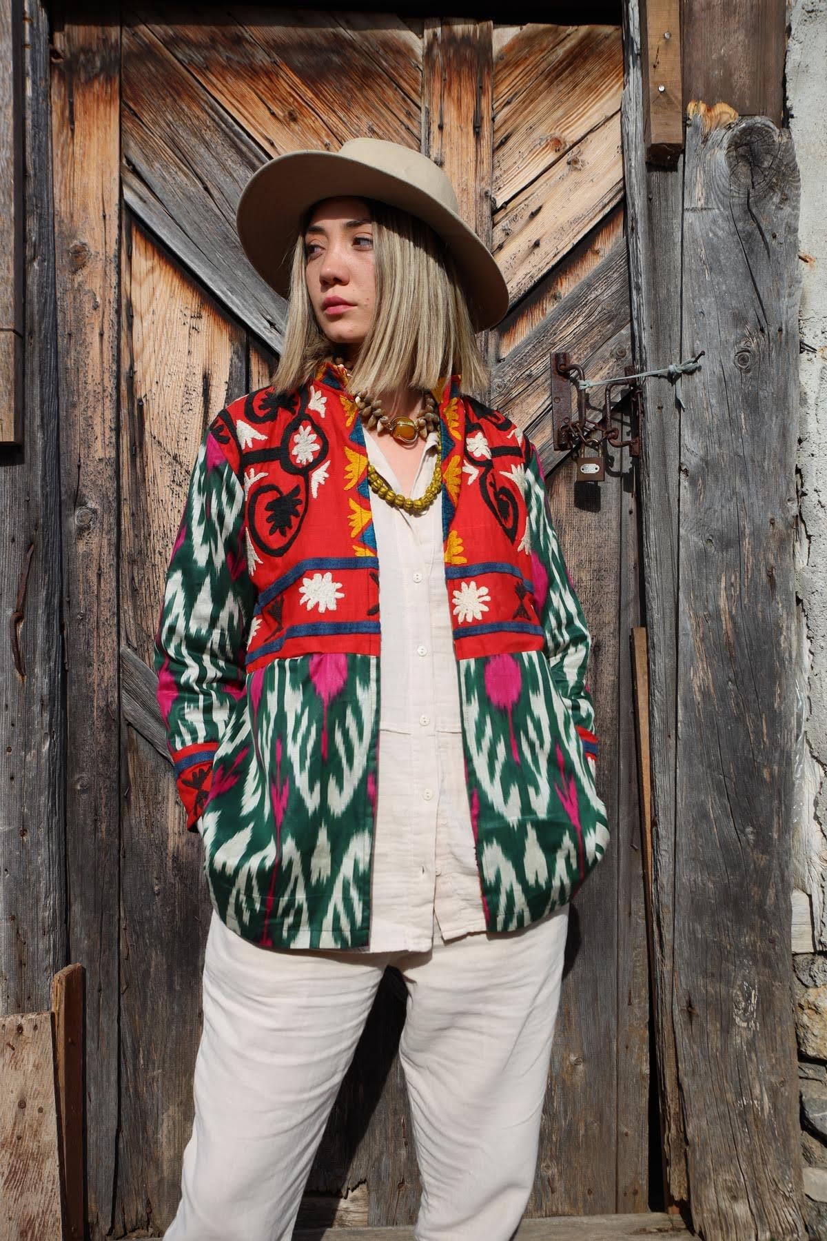 Yeşil Suzani Kısa Kaftan - Şaman Butik Yeşil Suzani Kısa Kaftan