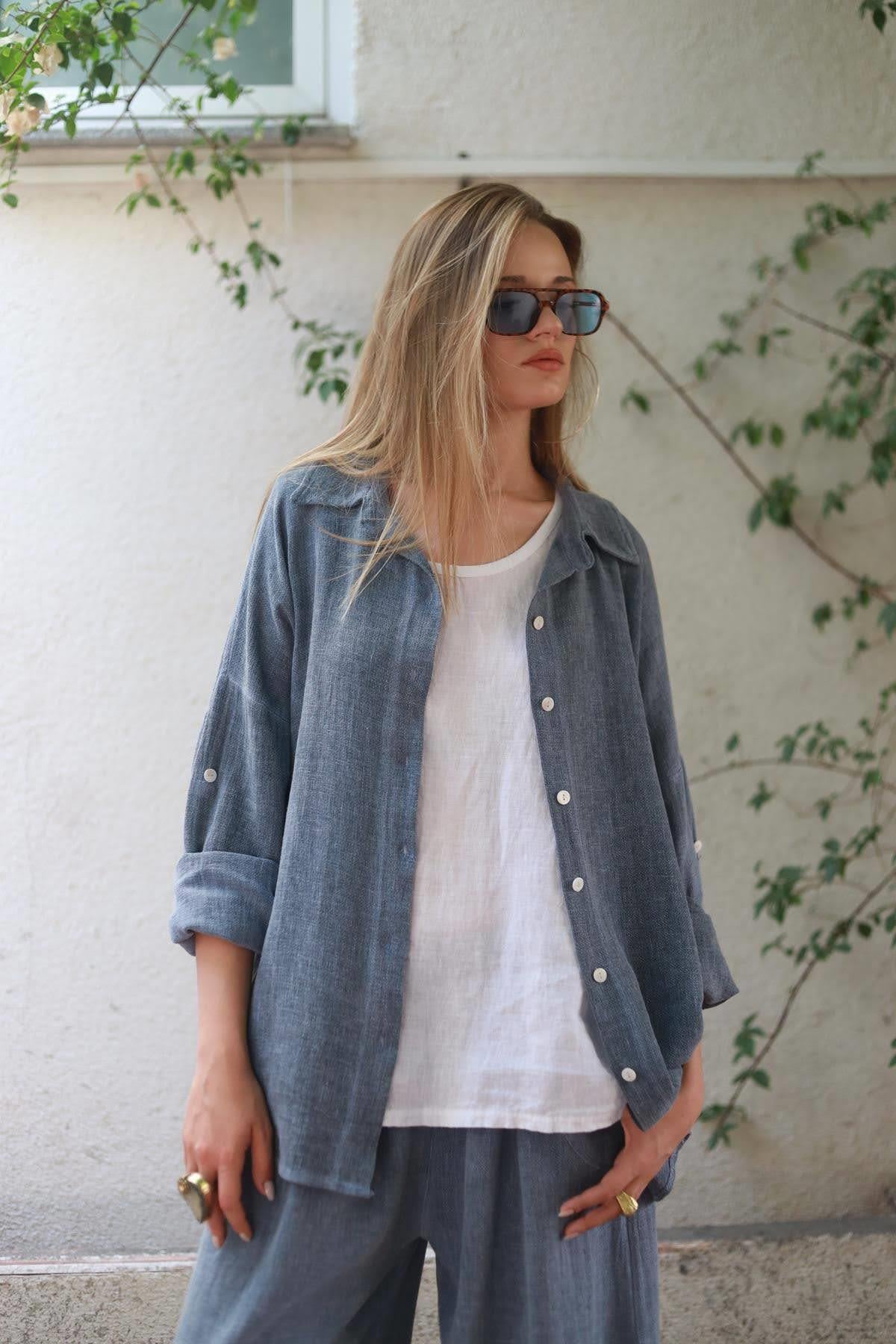 İndigo Mavi Kolları Apoletli Soft Keten Gömlek