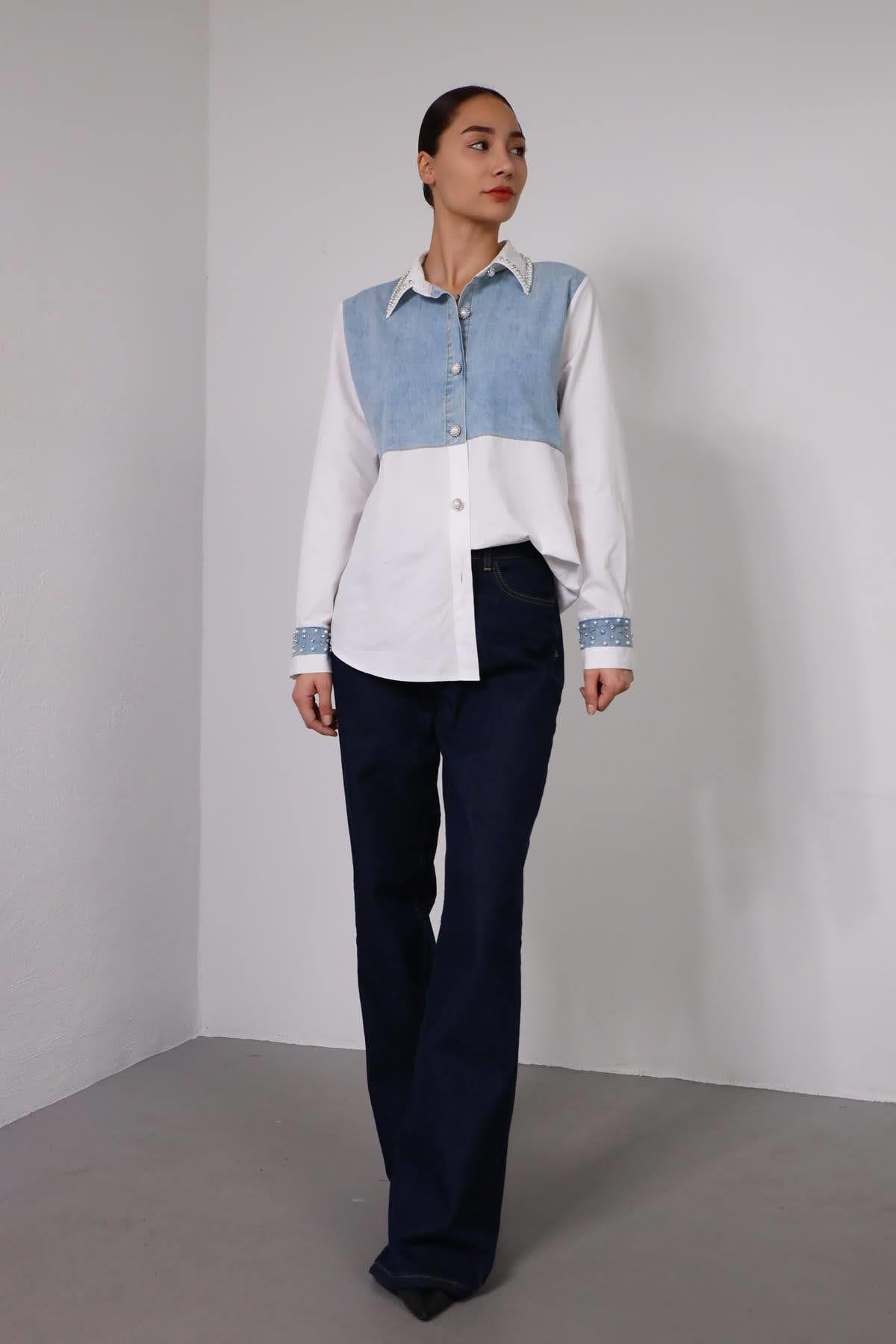  Beyaz Kot Detaylı İnci İşlemeli Gömlek