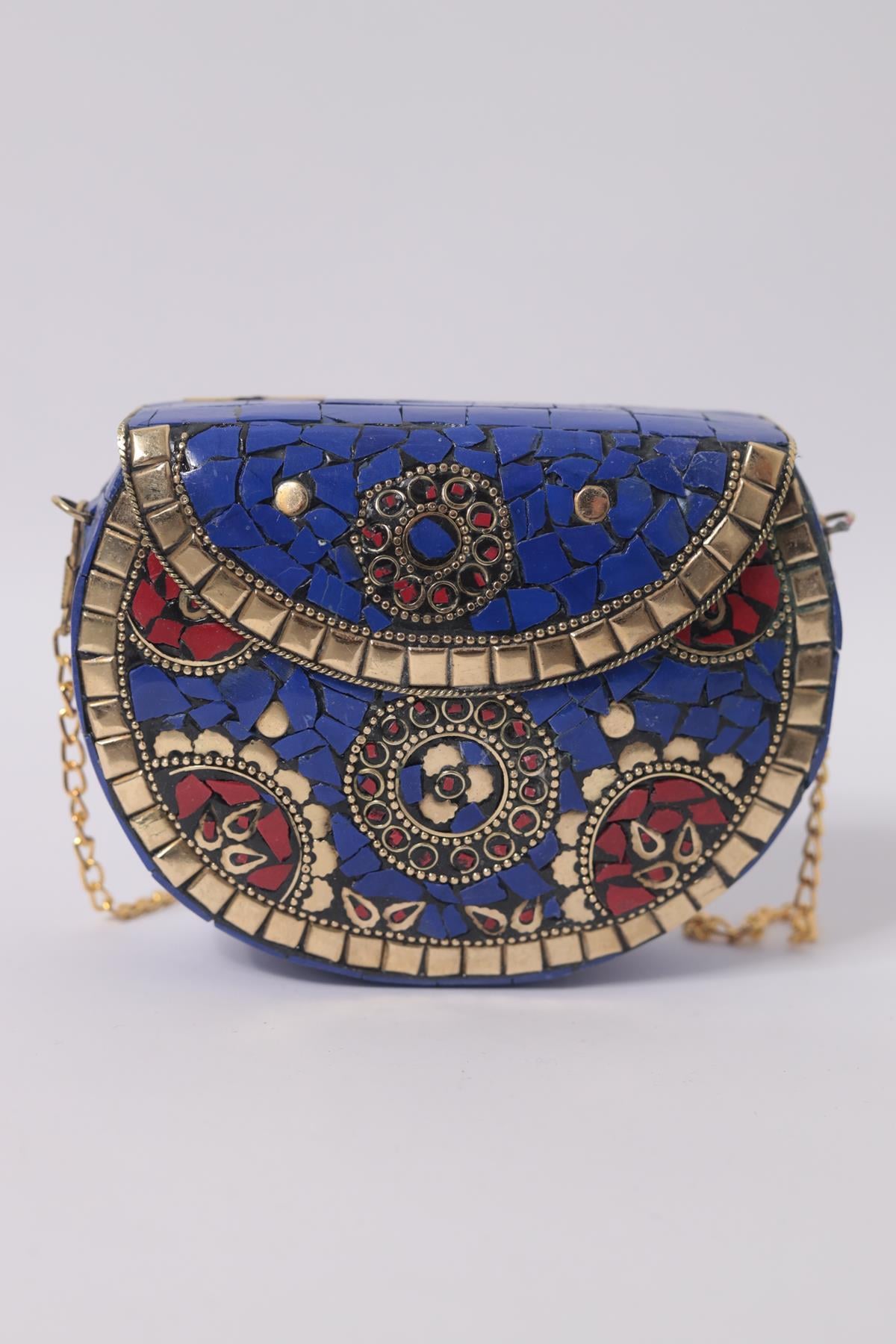 Saks Mavisi Taşlı Özel Tasarım Zarif Çanta