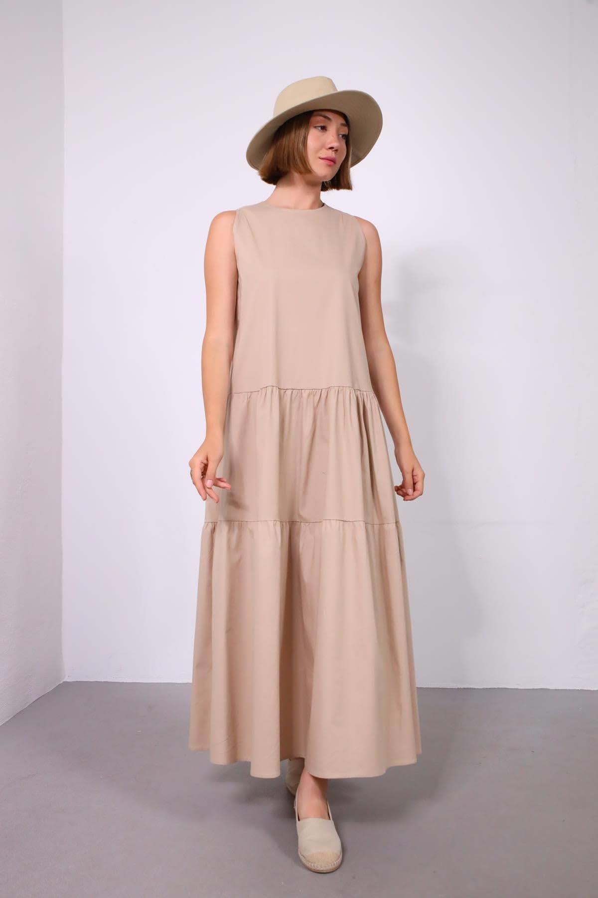 Bej Kalın Askılı Katlı Elbise - Şaman Butik Bej Kalın Askılı Katlı Elbise