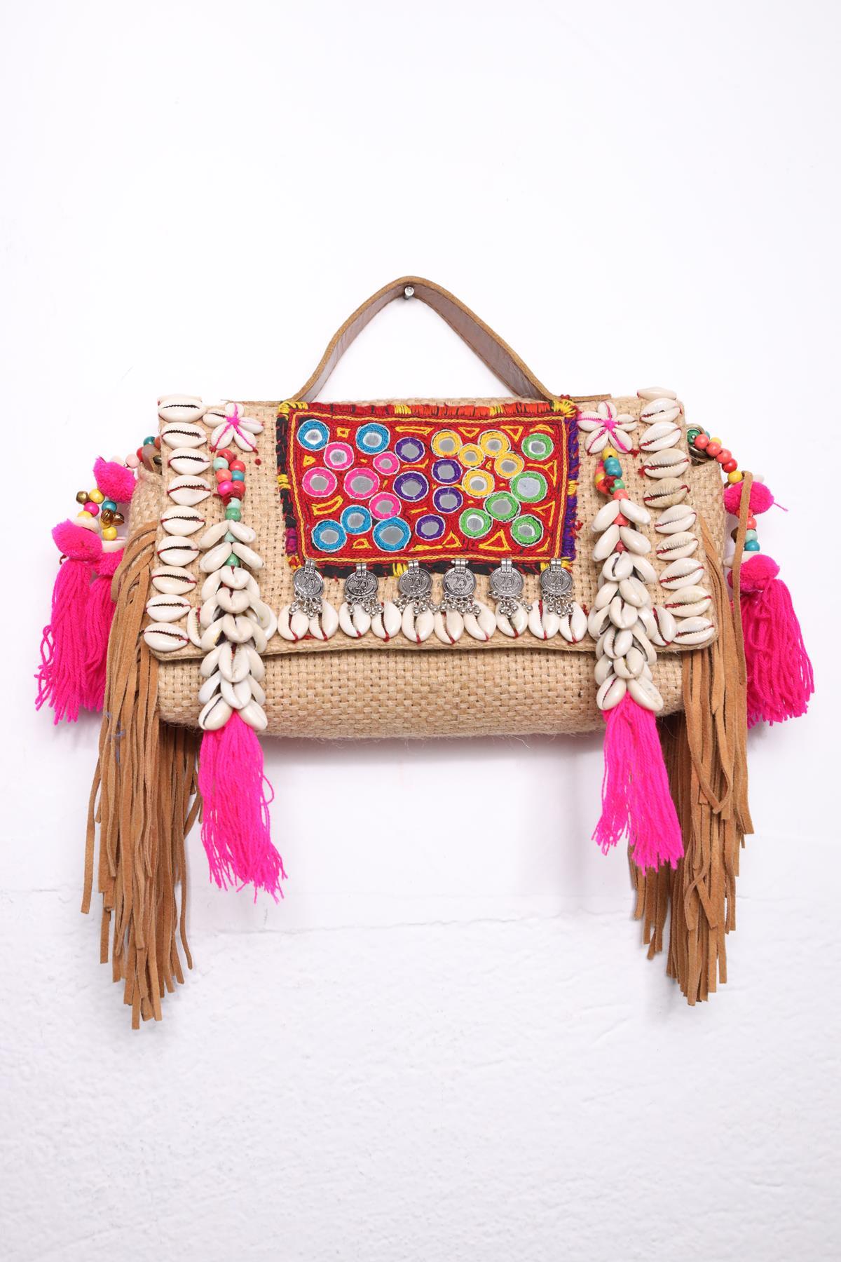 Cream Mirror and Seashell Detail Designer Bohemian Bag