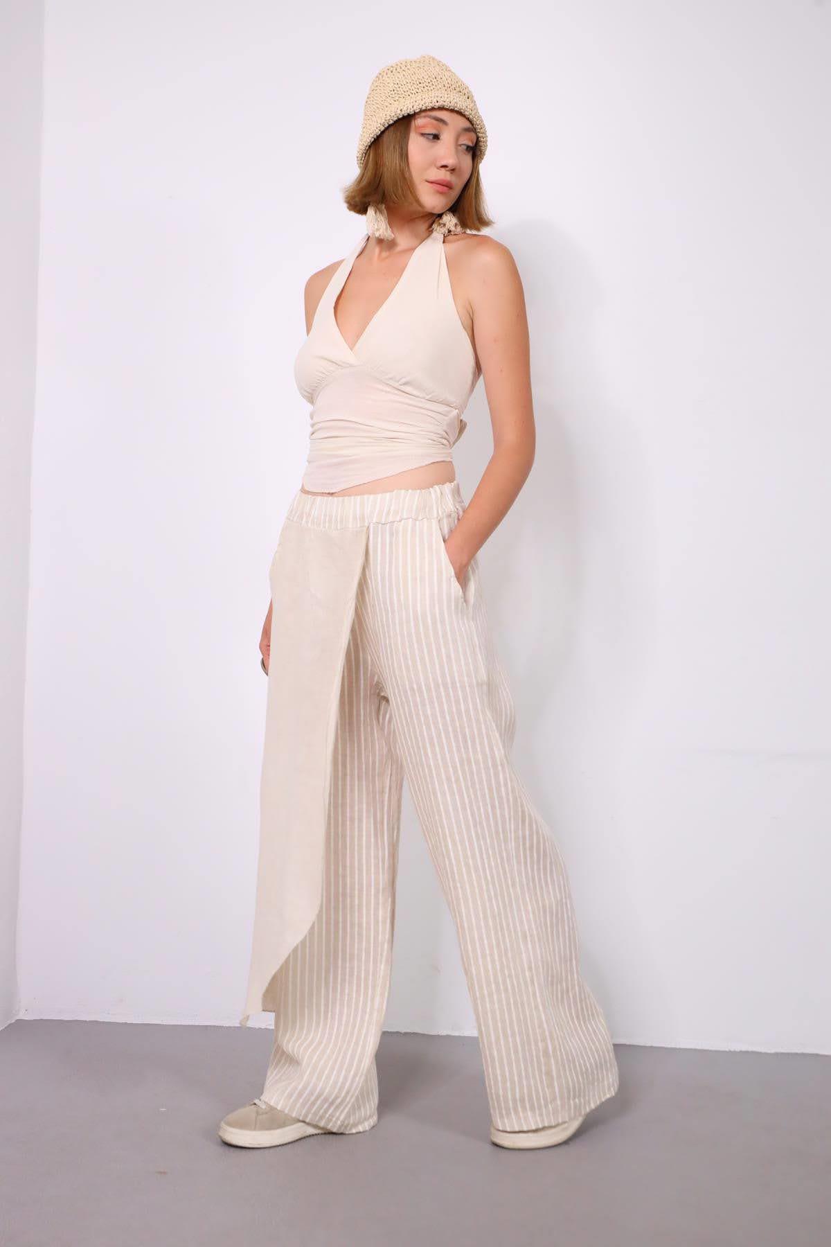 Krem Rengi Parça Detaylı Çizgili Keten Pantolon - Şaman Butik Krem Rengi Parça Detaylı Çizgili Keten Pantolon