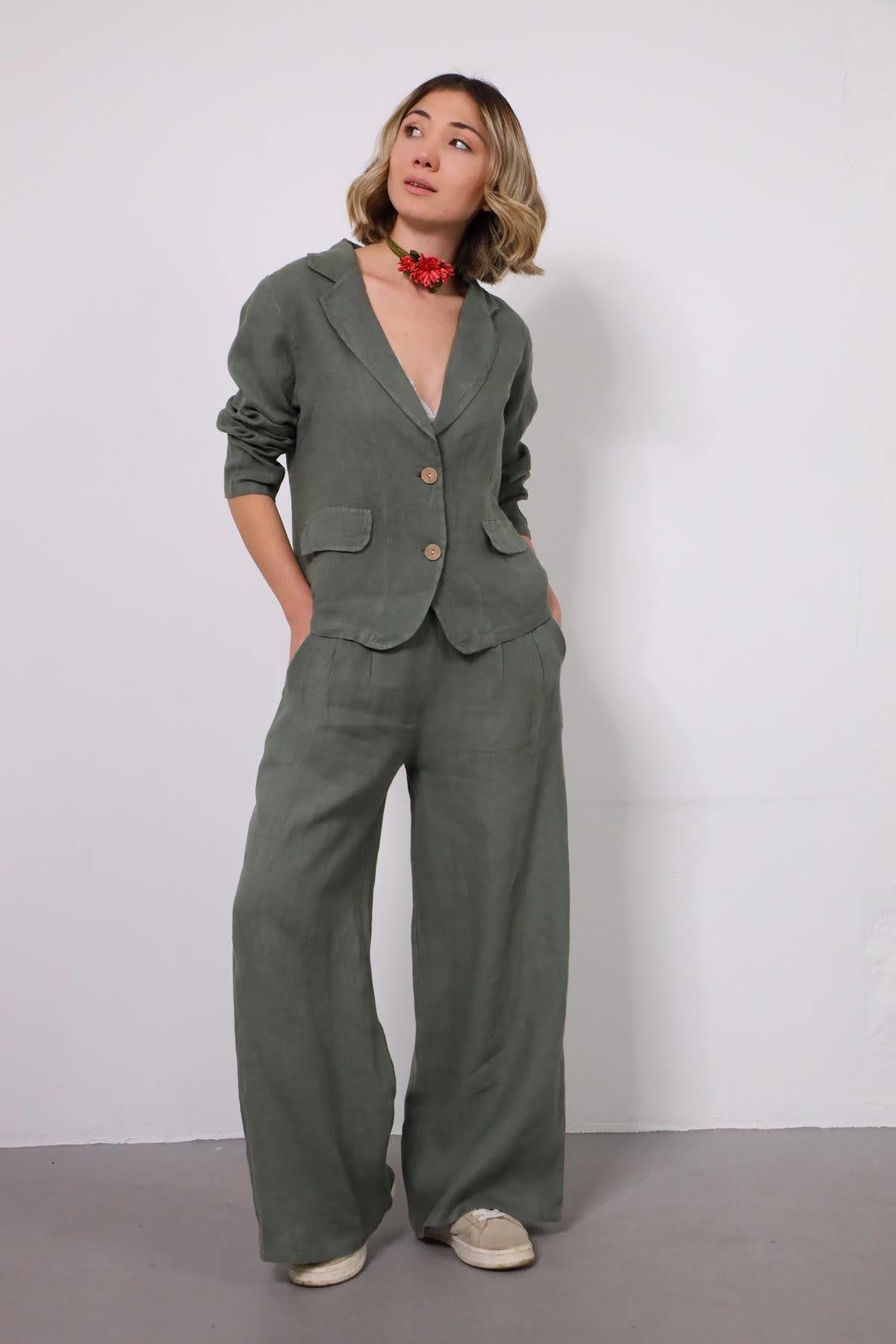 Haki Beli Pileli Pantolon Ceket Takım - Şaman Butik Haki Beli Pileli Pantolon Ceket Takım