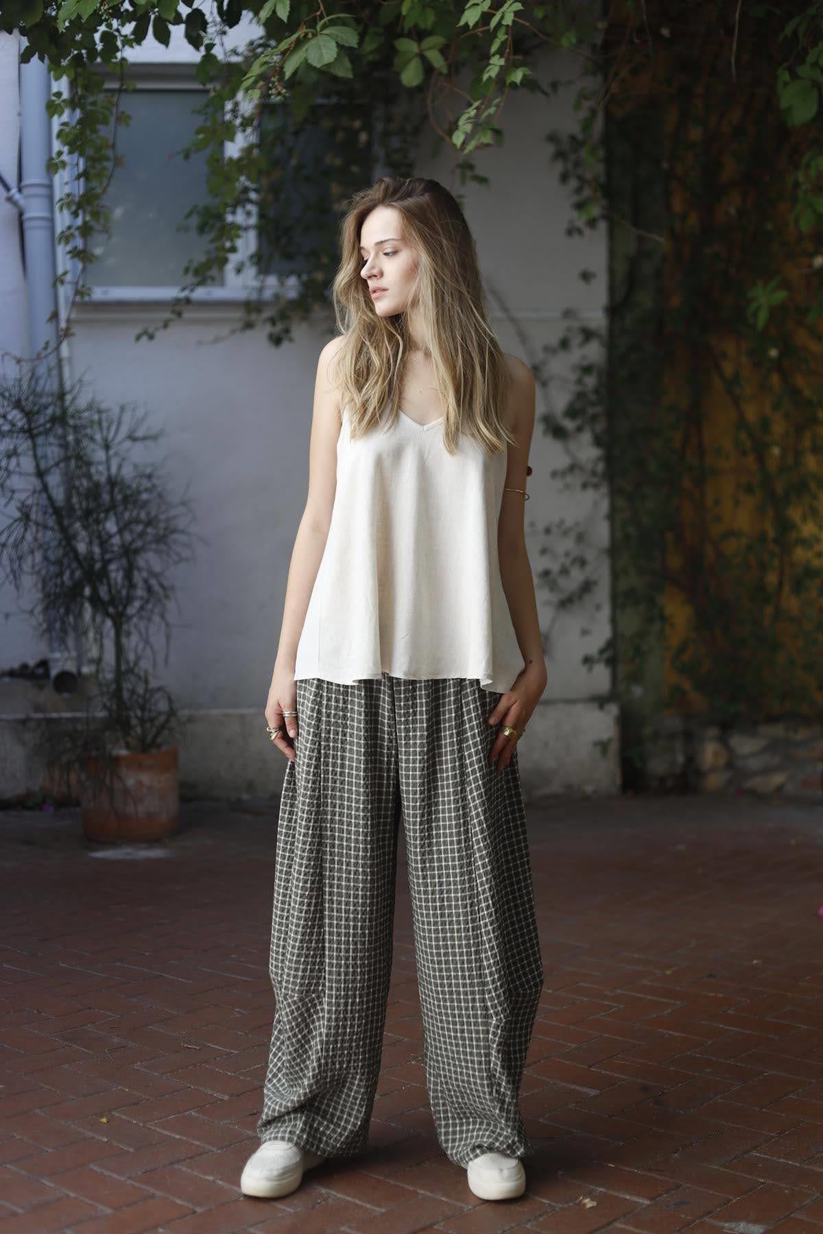 Stone Color Adjustable Strap Linen Blouse