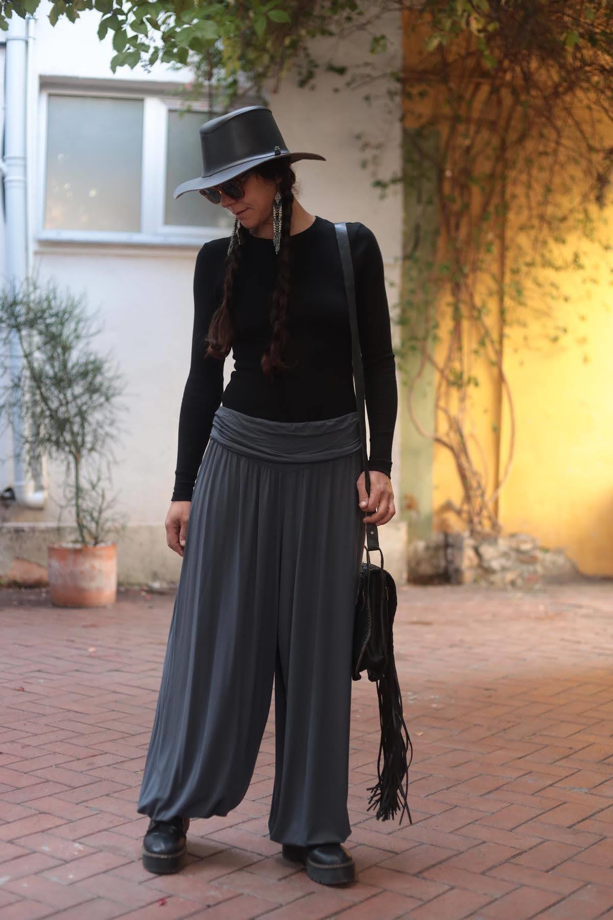 Antrasit Beli Drapeli Paçası Lastikli Şalvar Pantolon