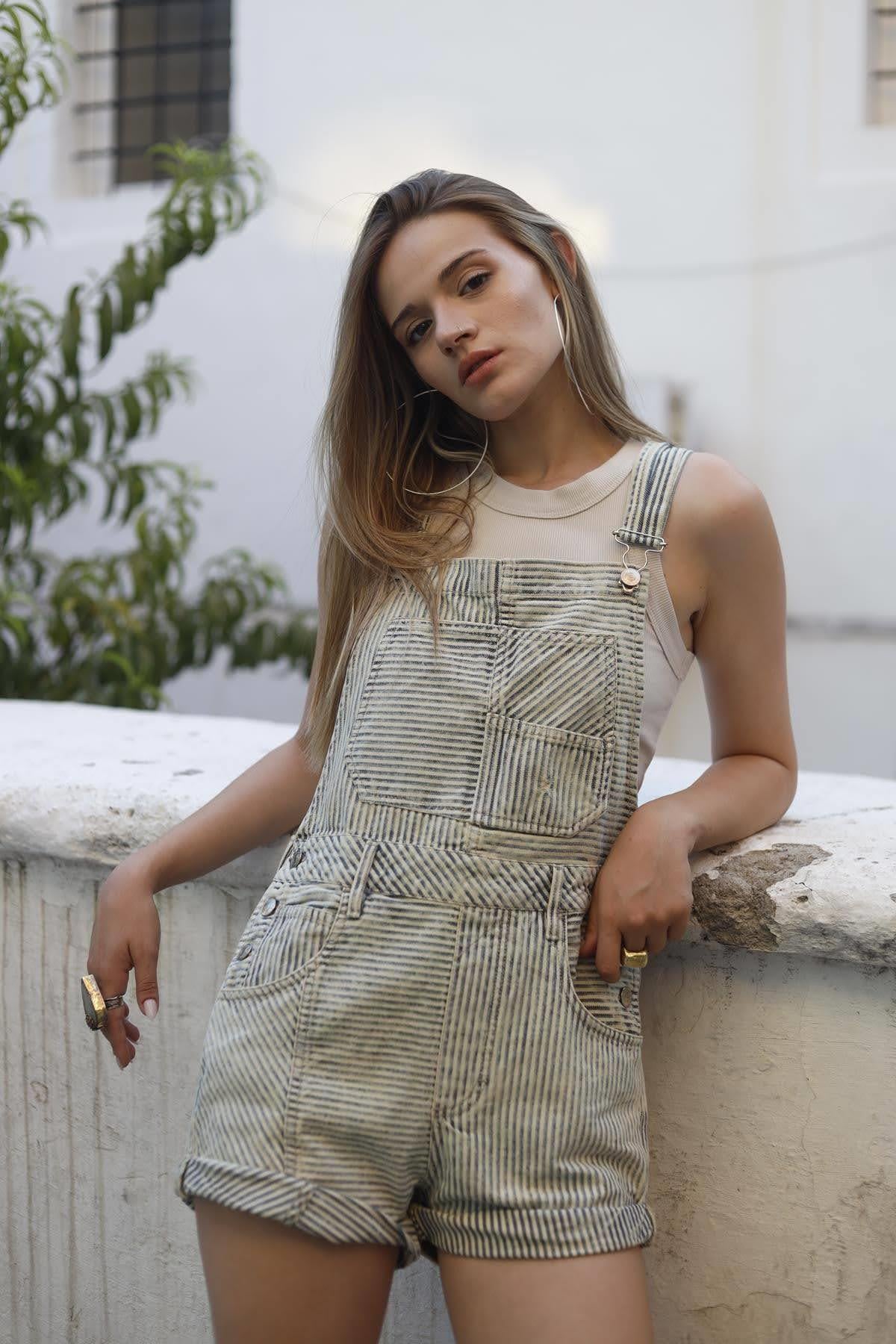 Ecru Asymmetric Striped Short Denim Jumpsuit