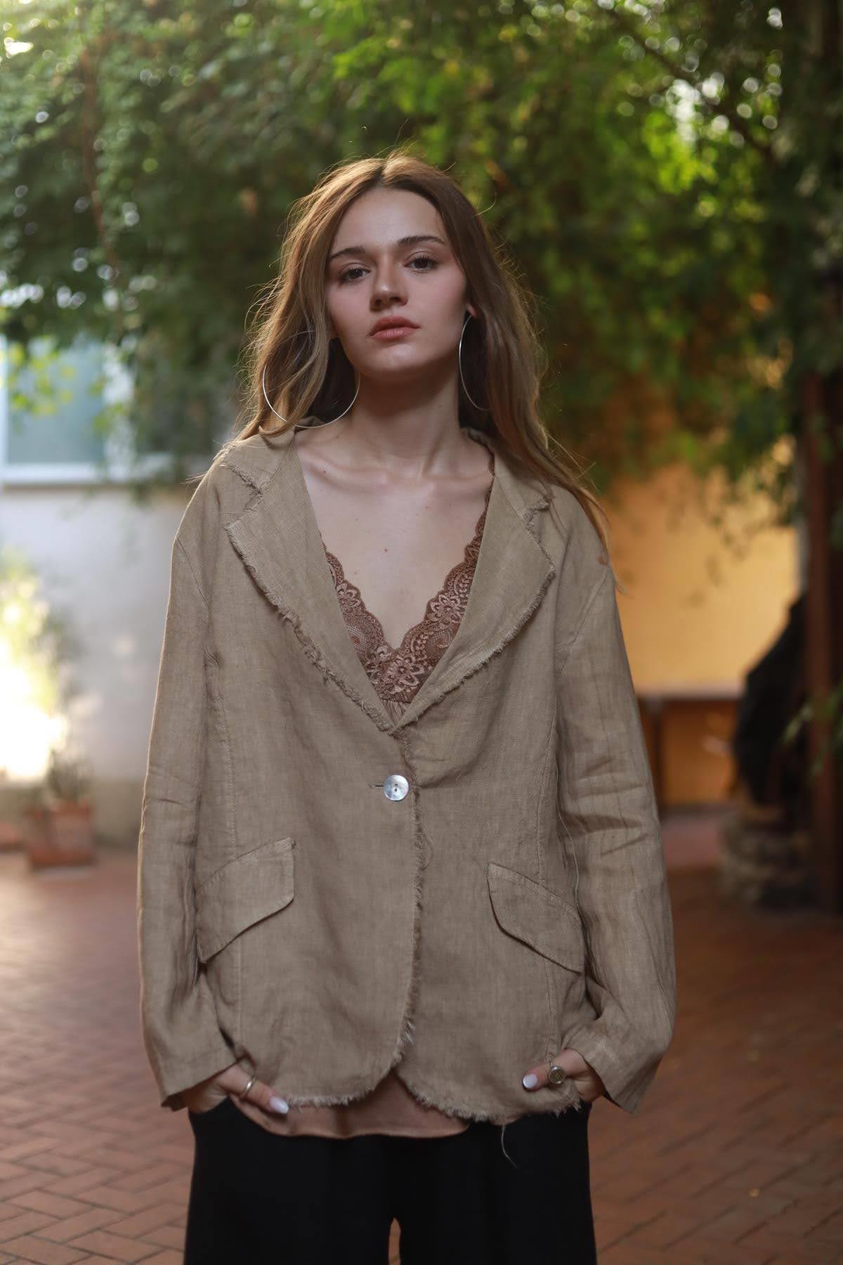 Sütlü Kahve Saçak Detaylı Keten Ceket