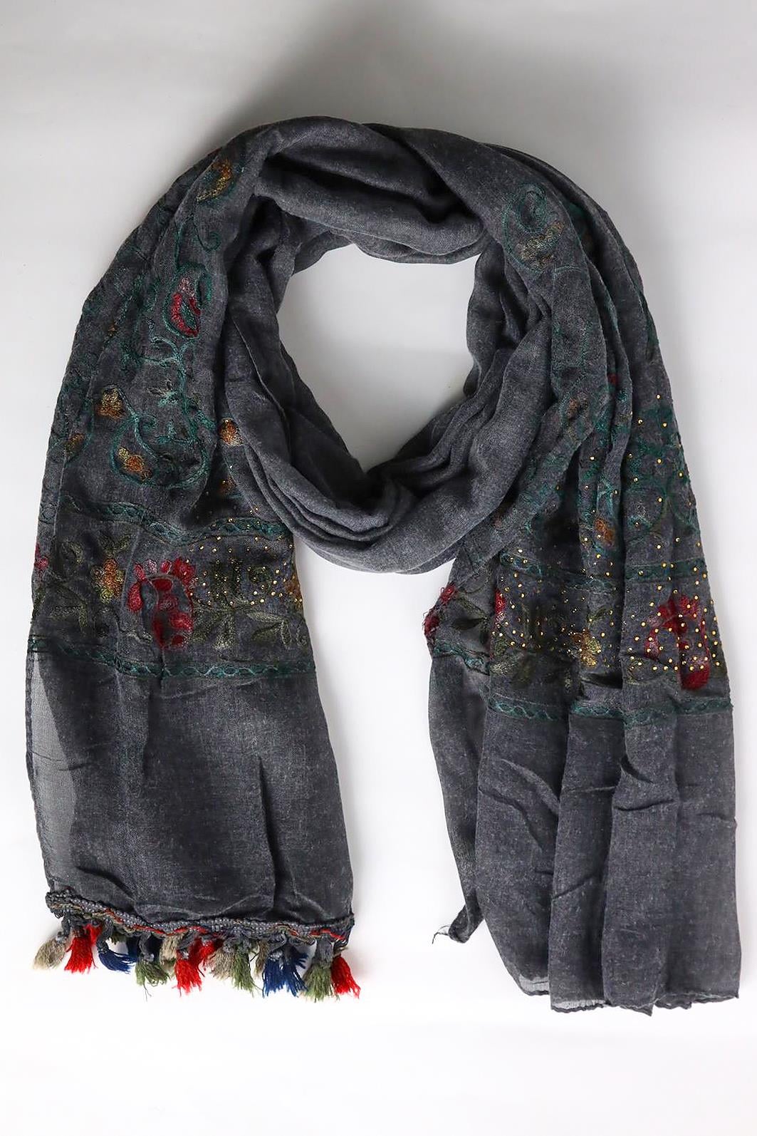 Antrasit İşlemeli Boncuklu Şal - Şaman Butik Antrasit İşlemeli Boncuklu Şal