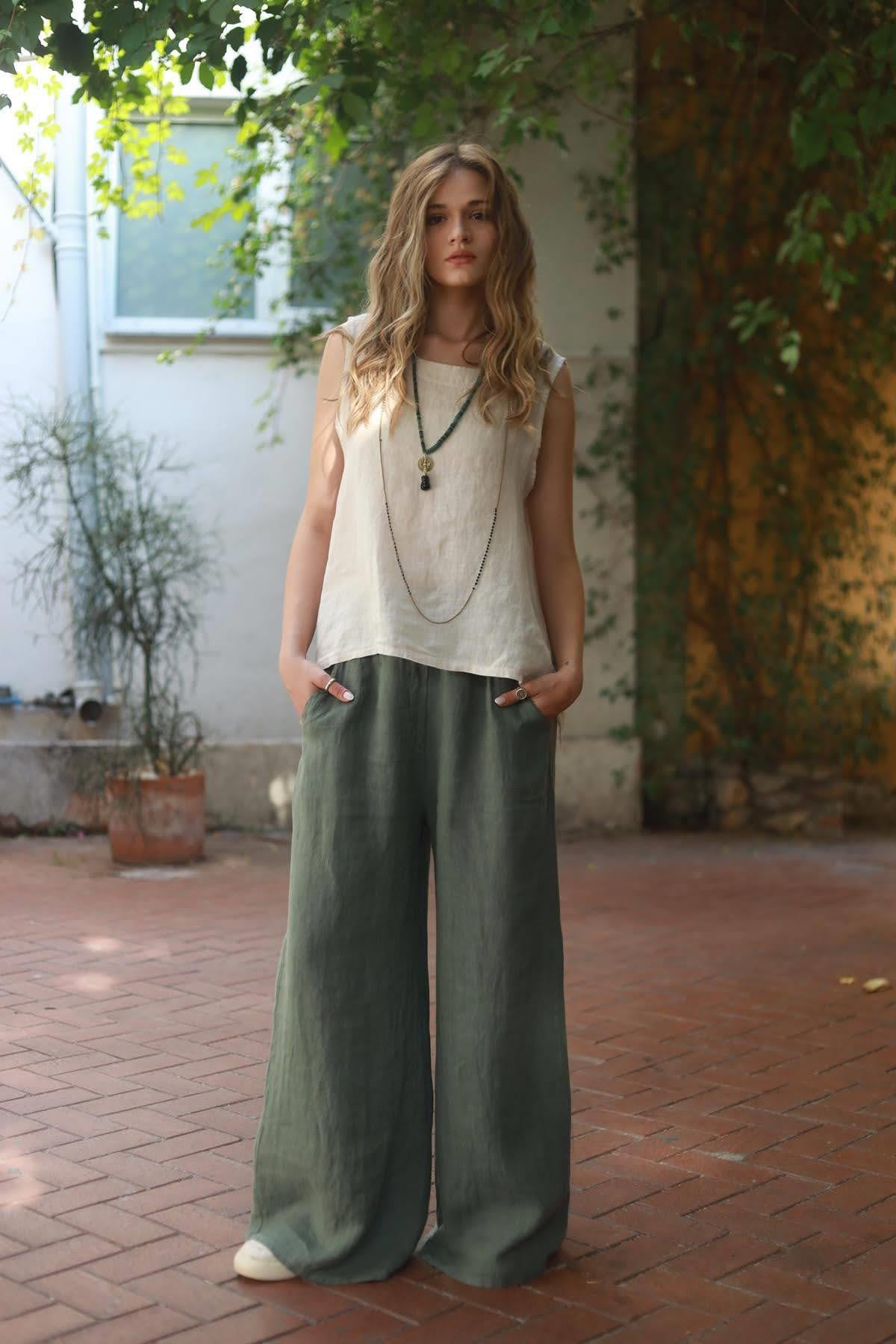 Khaki Double Buttoned Wide Leg Linen Trousers