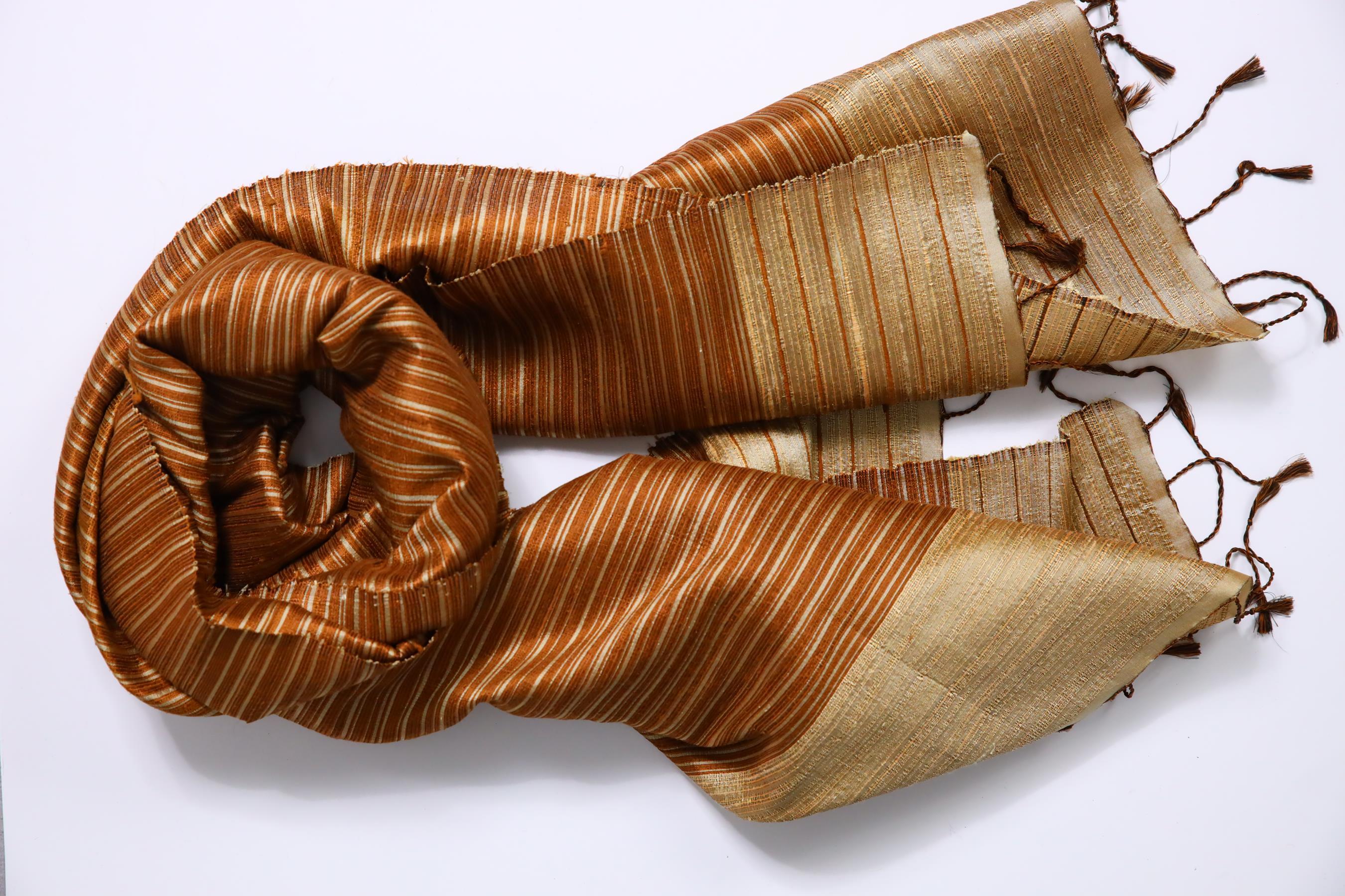  Kahverengi Çizgili Otantik İpek Şal