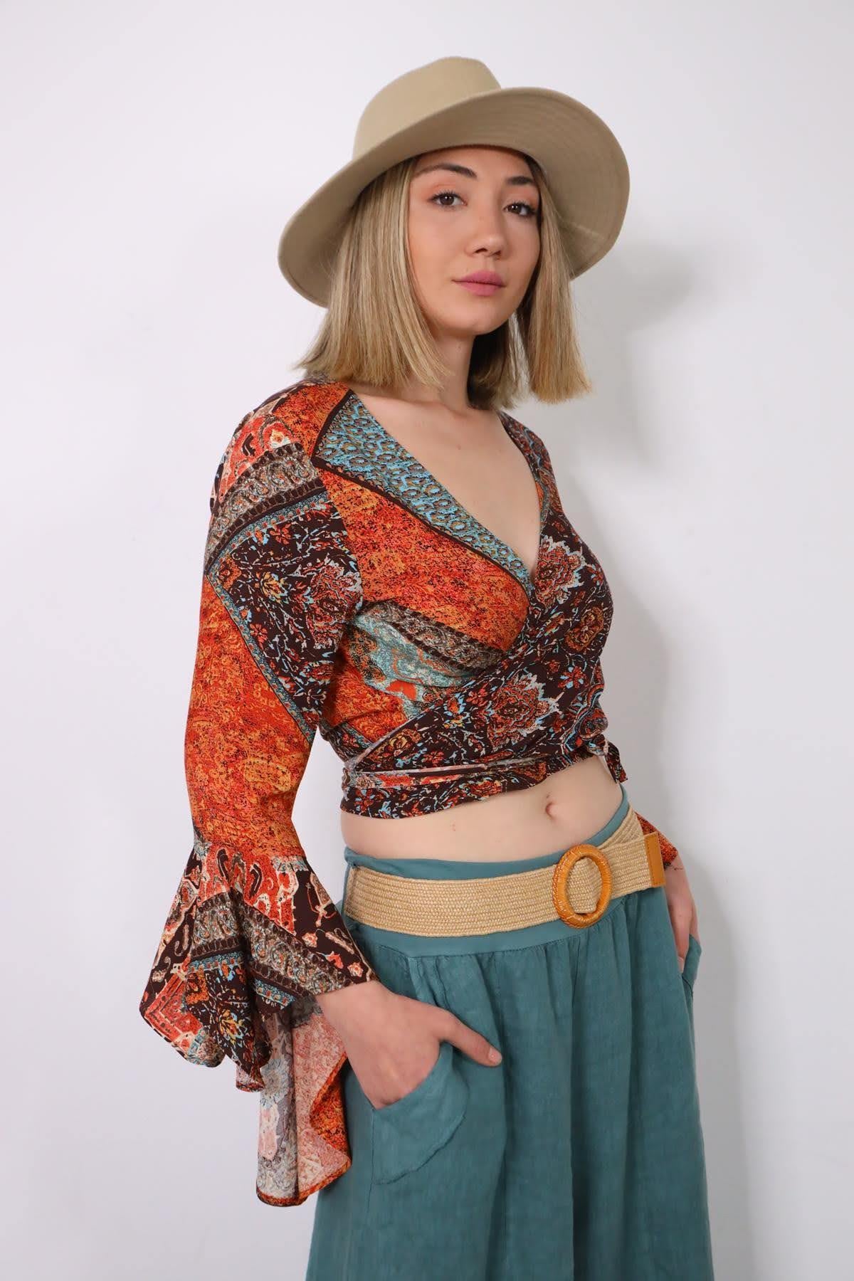 Brown Patterned Flared Sleeve Wrap Crop Blouse - Saman Butik | Shop Online Brown Patterned Flared Sleeve Wrap Crop Blouse