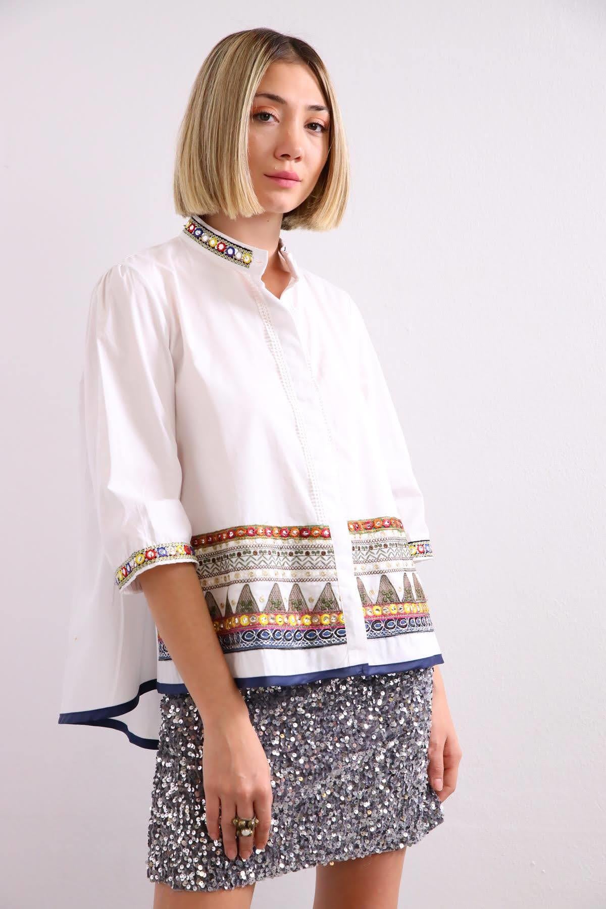 White Mandarin Collar Mirror Embroidered Shirt - Şaman Butik | Shop Online White Mandarin Collar Mirror Embroidered Shirt