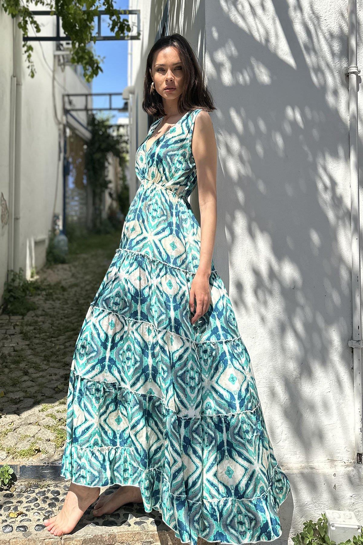 Petrol Green V Neck Strappy Silk Dress